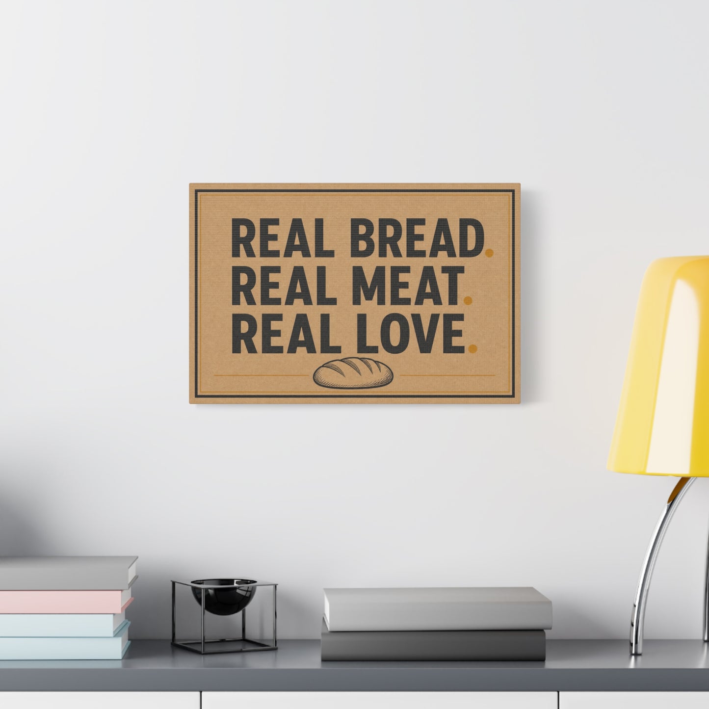 "Real Bread. Real Meat. Real Love." Canvas Wall Art - Rustic Typography Food Sign - Farmhouse Neutral Canvas Print - Bakery Style - Ready to Hang - Deli Wall Decor - Sandwich Shop Sign - Diner Decor