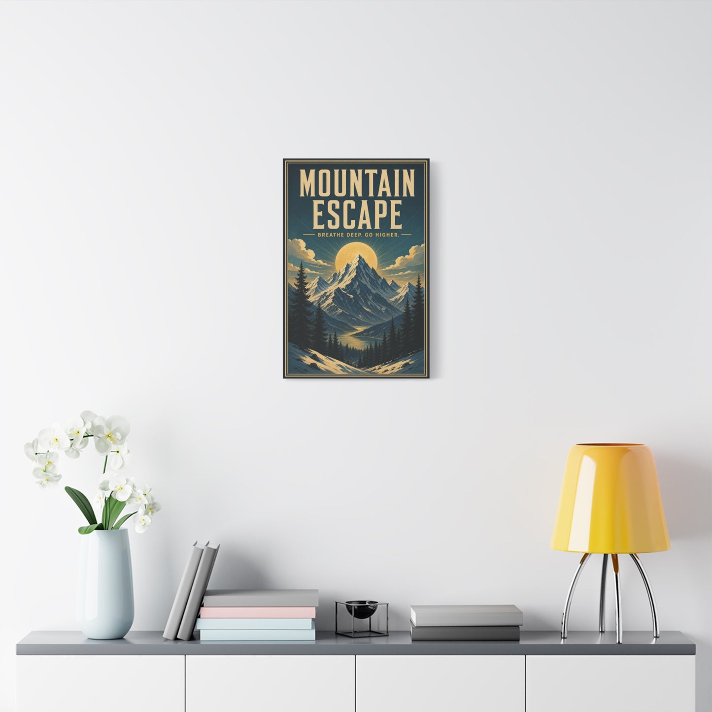 "Mountain Escape Breathe Deep. Go Higher." Canvas Wall Art - Vintage Mountain Landscape Poster Print, Sunlit Alpine Peaks, Rustic Lodge Style, Living Room Wall Decor, Office Art - Ready to Hang