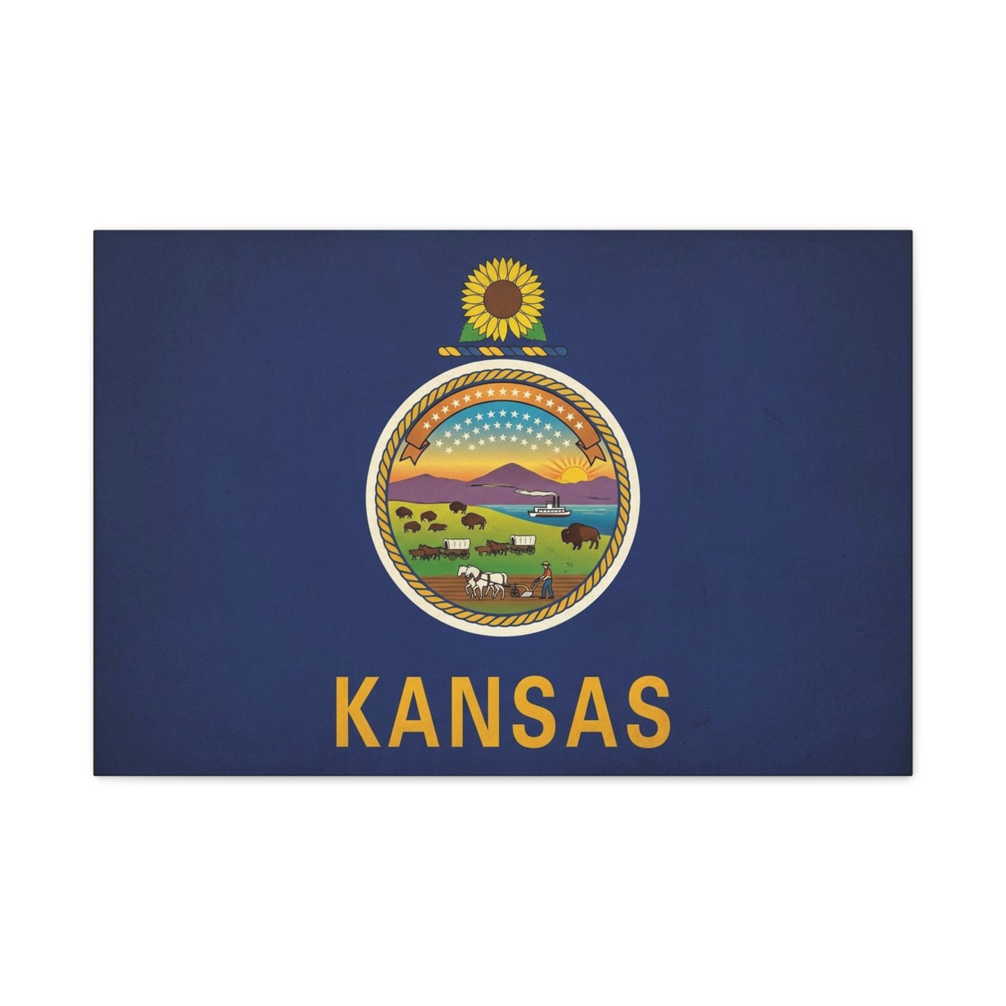 Kansas State Flag Canvas Wall Art - Sunflower Seal Prairie Buffalo Wagon Sunset Print - Vintage Blue Typography Decor - Living Room Wall Decor, Office Art, Dorm Accent - Bedroom Home Decoration