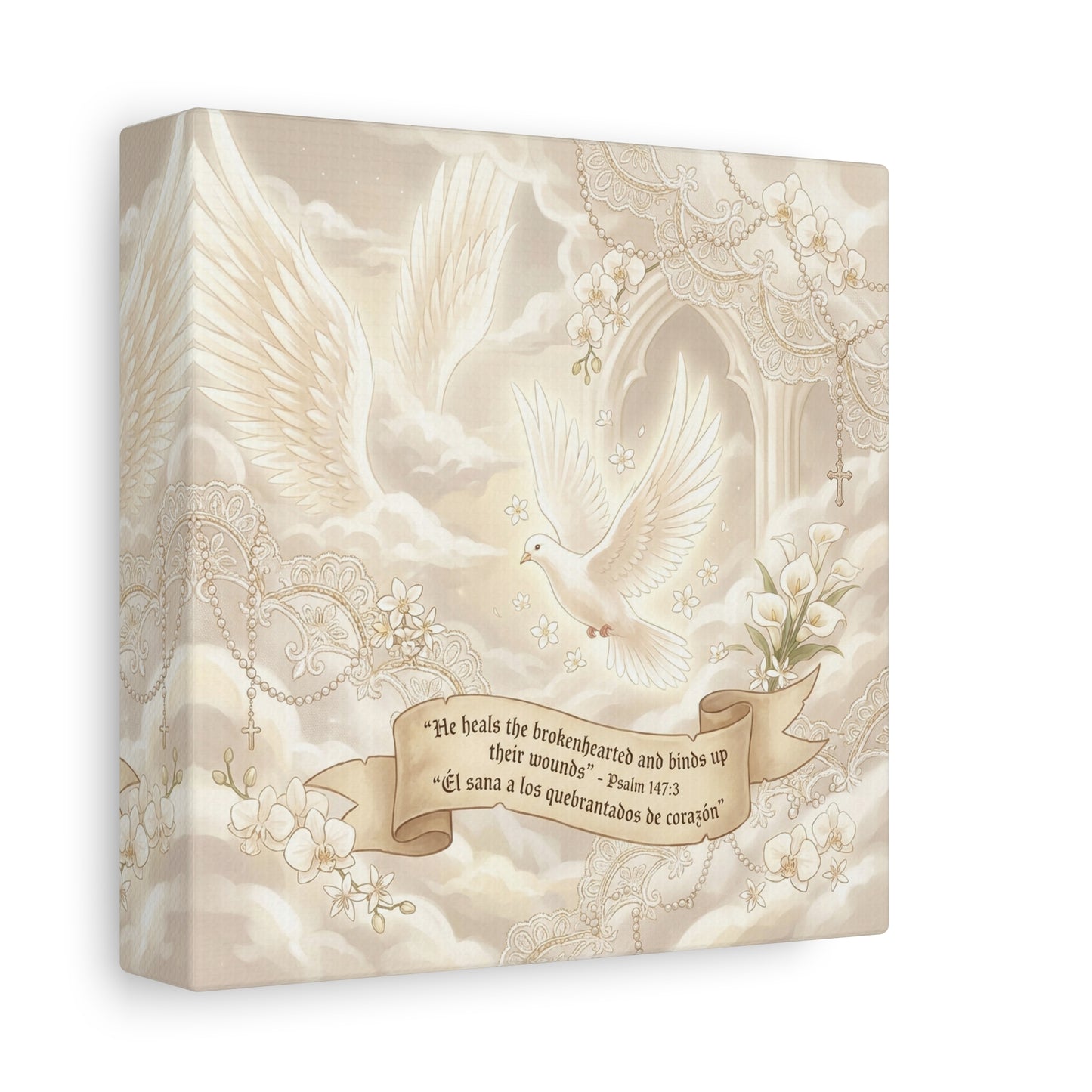 "He Heals The Brokenhearted And Binds Up Their Wounds" Canvas Wall Art - Dove, Cross, Psalm 147:3 Scripture Print - Beige Floral Christian Decor - Bedroom Living Room Home Decoration - Office Wall Art