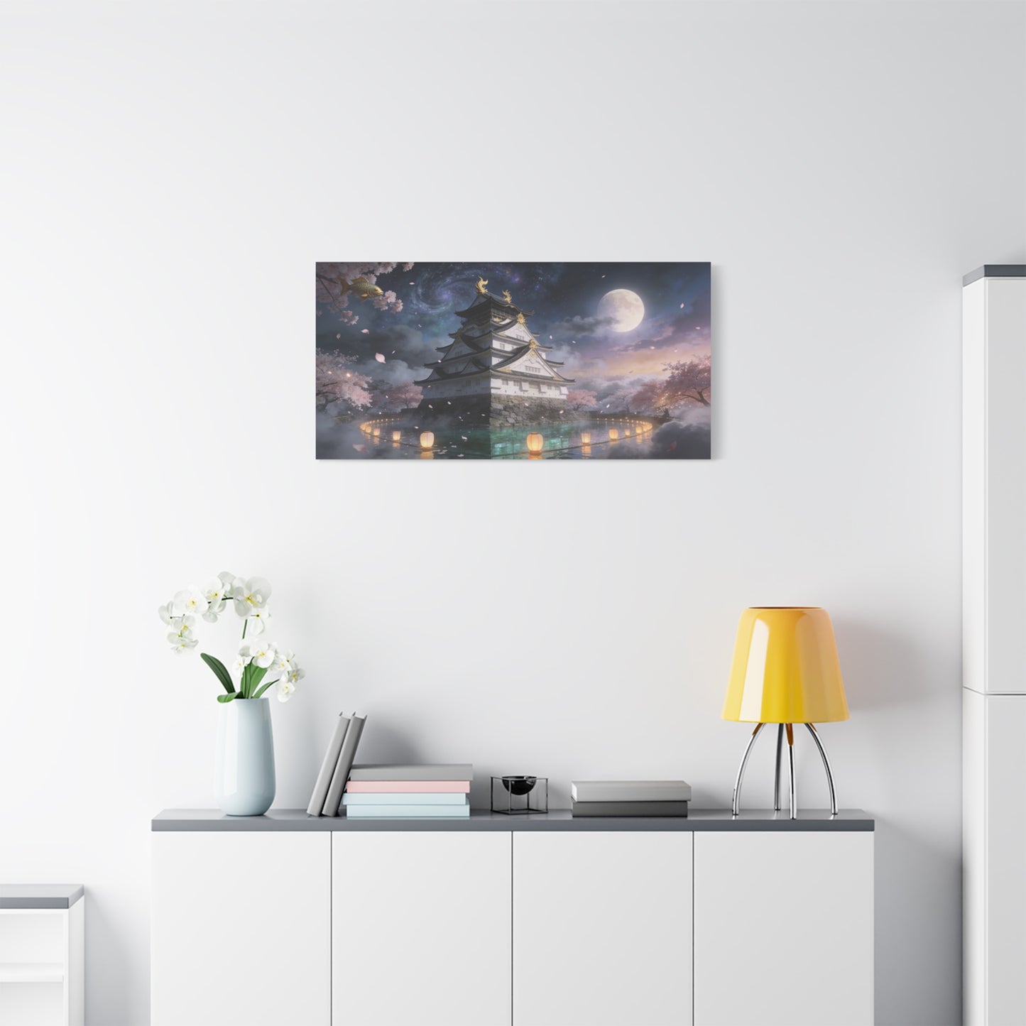 Japanese Castle Canvas Wall Art - Moonlit Cherry Blossom Pagoda, Floating Koi, Fantasy Night Sky - Matte Cotton Art Print - Contemporary Landscape Style For Living Room Wall Decor - Ready to Hang