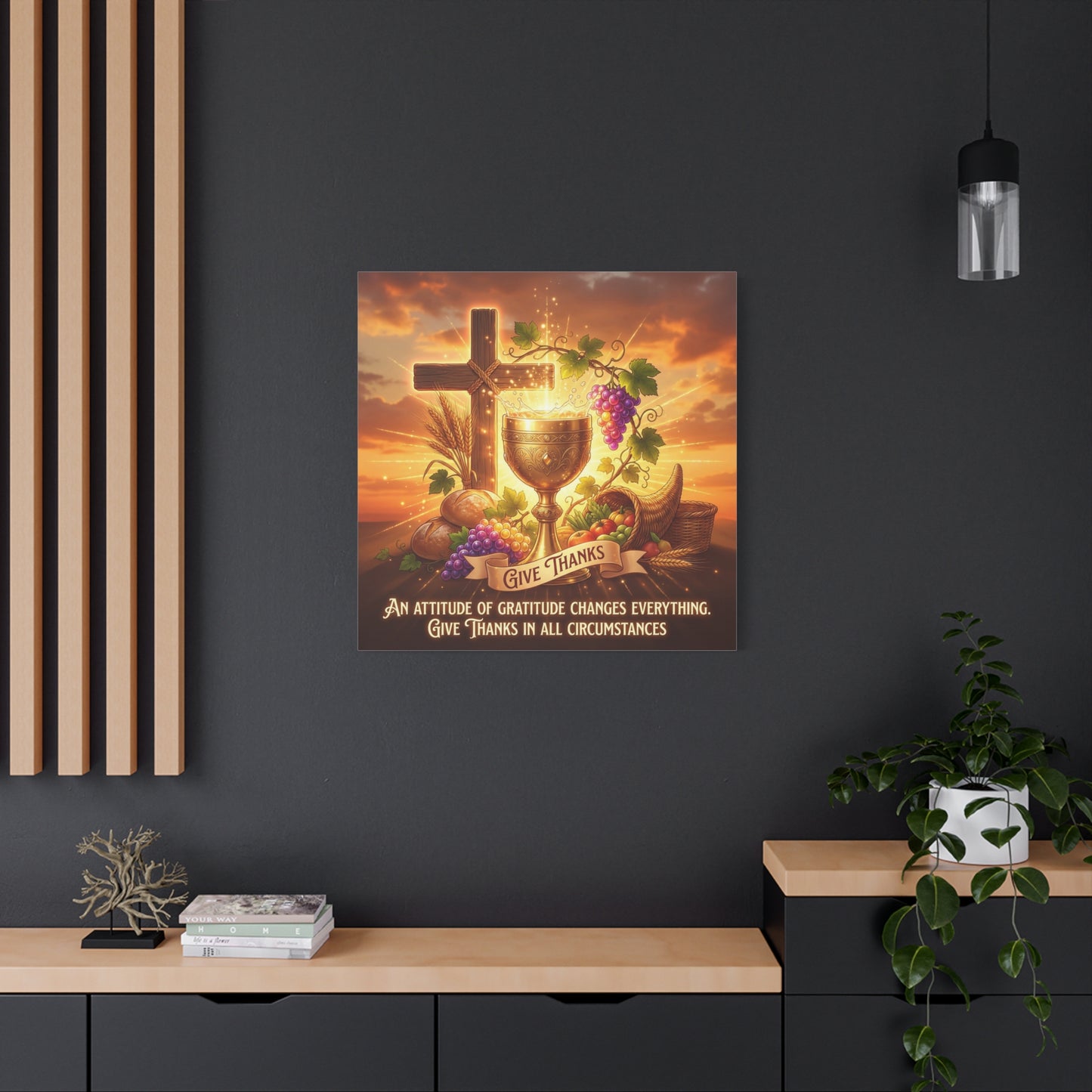 "Give Thanks" Christian Canvas Wall Art - Cross, Communion Chalice, Grapes, Bread - Gratitude Scripture Decor, Matte Cotton Print - Ready to Hang