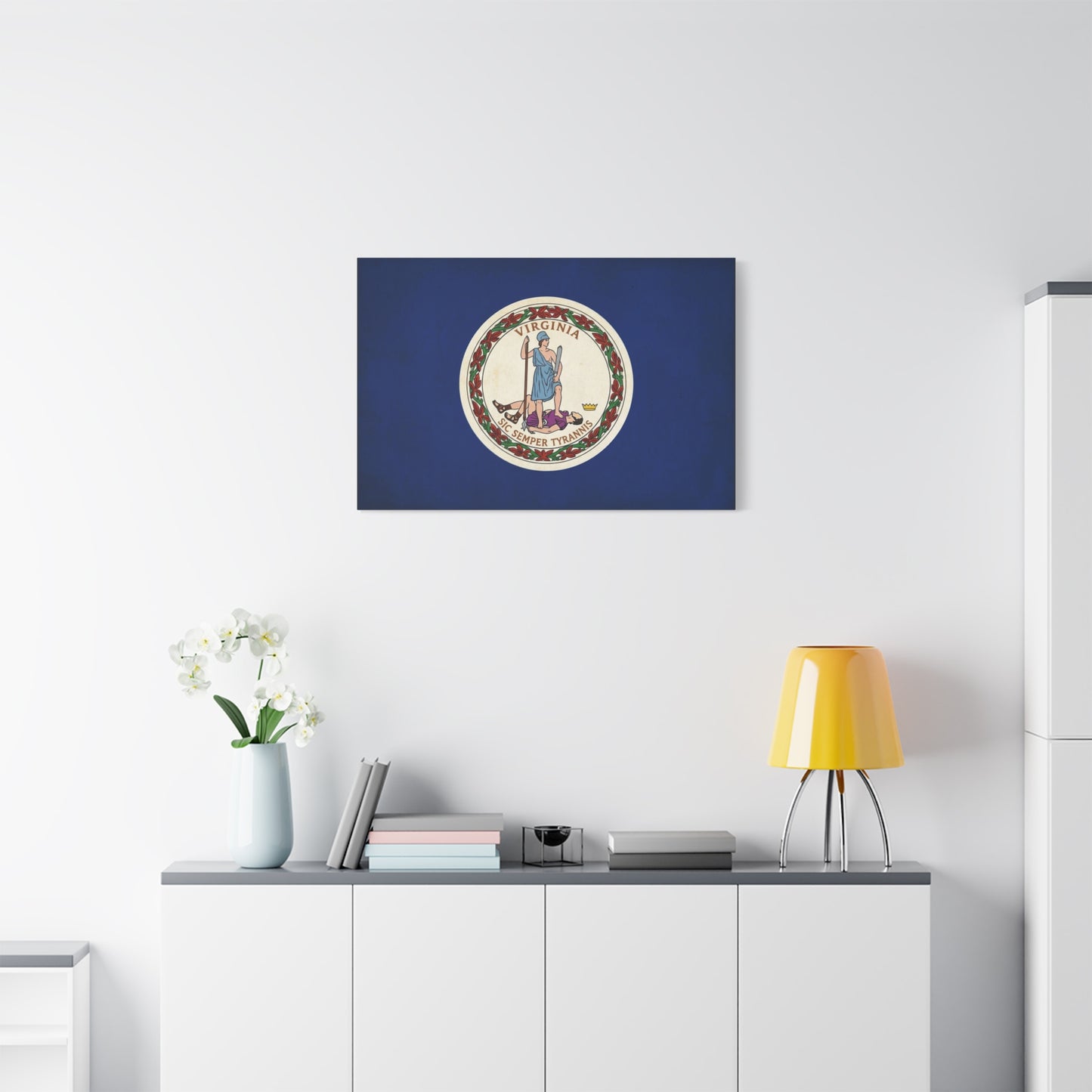 "Virginia" "Sic Semper Tyrannis" State Flag Canvas Wall Art - Vintage Commonwealth Seal Print, Blue Banner Decor, Patriotic Heritage Style, Living Room Wall Decor, Office Accent - Ready to Hang