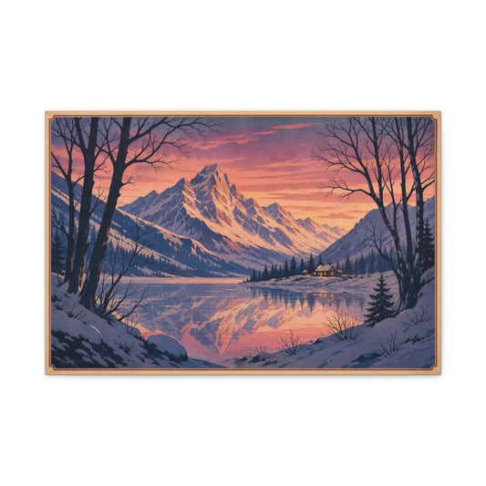 Snowy Mountain Lake Canvas Wall Art - Alpine Sunset Reflection Landscape Print, Rustic Winter Home Decor, Matte Finish Scenic Artwork For Living Room, Bedroom, Cabin Retreat - Living Room Wall Decor