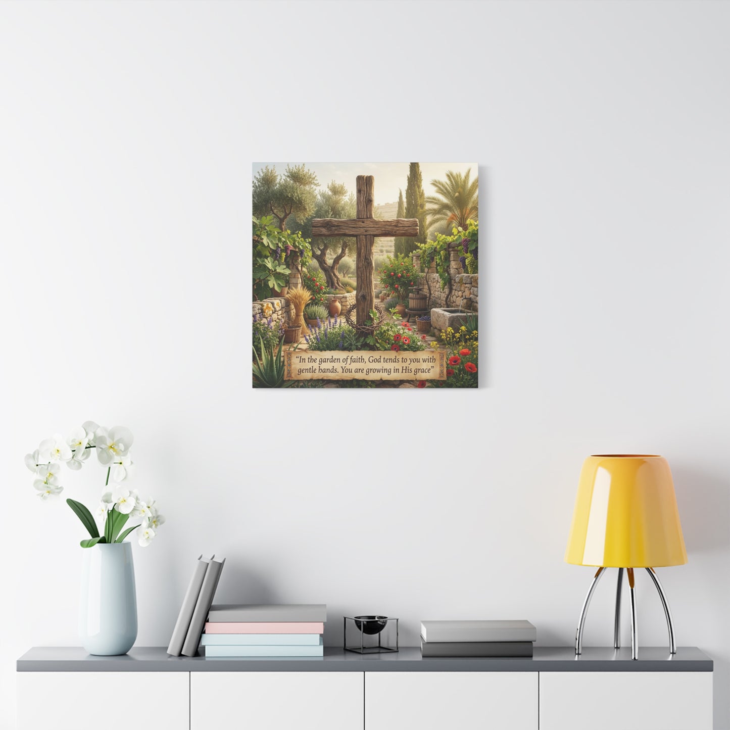 "In The Garden Of Faith, God Tends To You With Gentle Hands. You Are Growing In His Grace" Canvas Wall Art - Rustic Wooden Cross, Christian Garden Scene - Living Room Wall Decor - Ready to Hang