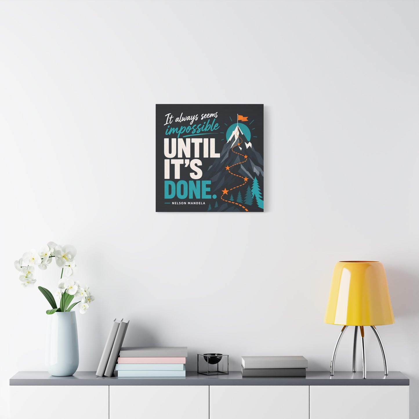 "It Always Seems Impossible Until It's Done" Motivational Canvas Wall Art - Mountain Quote Print, Teal And Orange Typography Decor - Modern Inspirational Living Room Office Wall Decor - Ready to Hang