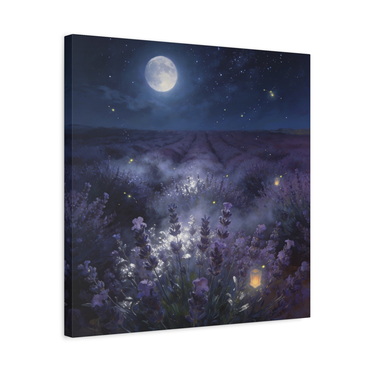 Moonlit Lavender Field Canvas Wall Art - Firefly Night Landscape, capiz shells wall decor - Matte Cotton Art Print, Calming Traditional Style - Bedroom Home Decoration, Office Wall Art - Ready to Hang