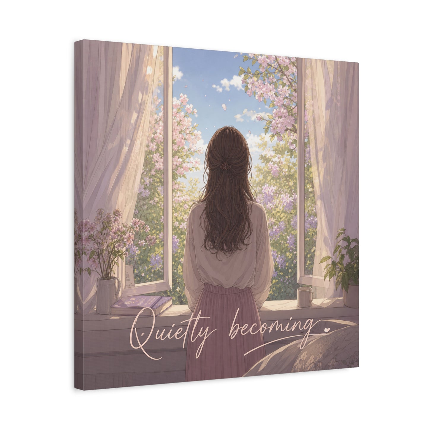 "Quietly Becoming" Girl At Window Canvas Wall Art - Cherry Blossom Bedroom Decor, Soft Pastel Inspirational Print, Dreamy Feminine Room Decoration - Bedroom Home Decoration - Living Room Wall Decor