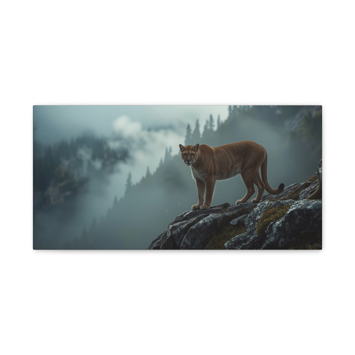 Mountain Lion Canvas Wall Art - Misty Forest Wildlife Landscape, Matte Canvas Print - Moody Contemporary Nature Decor - Living Room Wall Decor, Office Art, Rustic Lodge Accent - Modern Farmhouse Style
