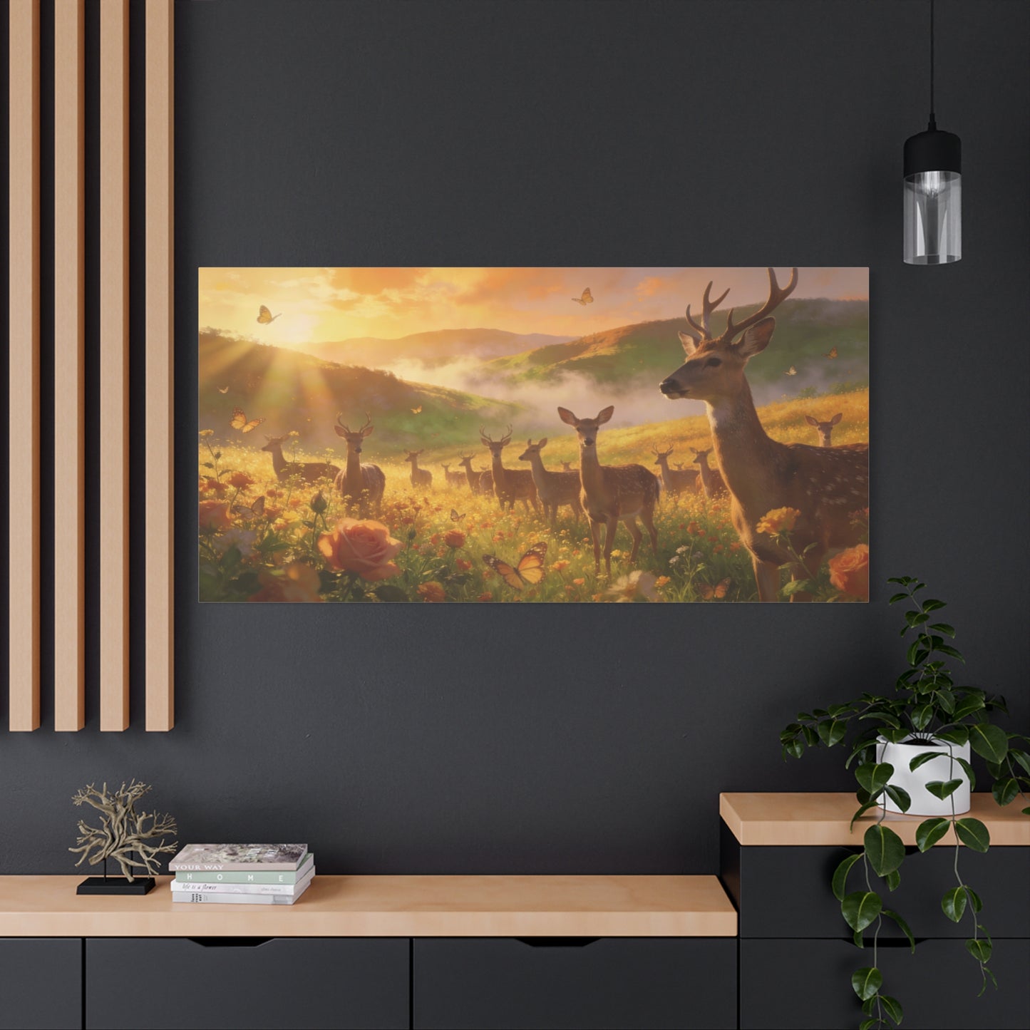 Deer Meadow Canvas Wall Art - Golden Sunrise Wildlife Landscape, Butterflies, Floral Field - Matte Finish Canvas Print - Rustic Nature Style, Living Room Wall Decor - Bedroom Home Decoration