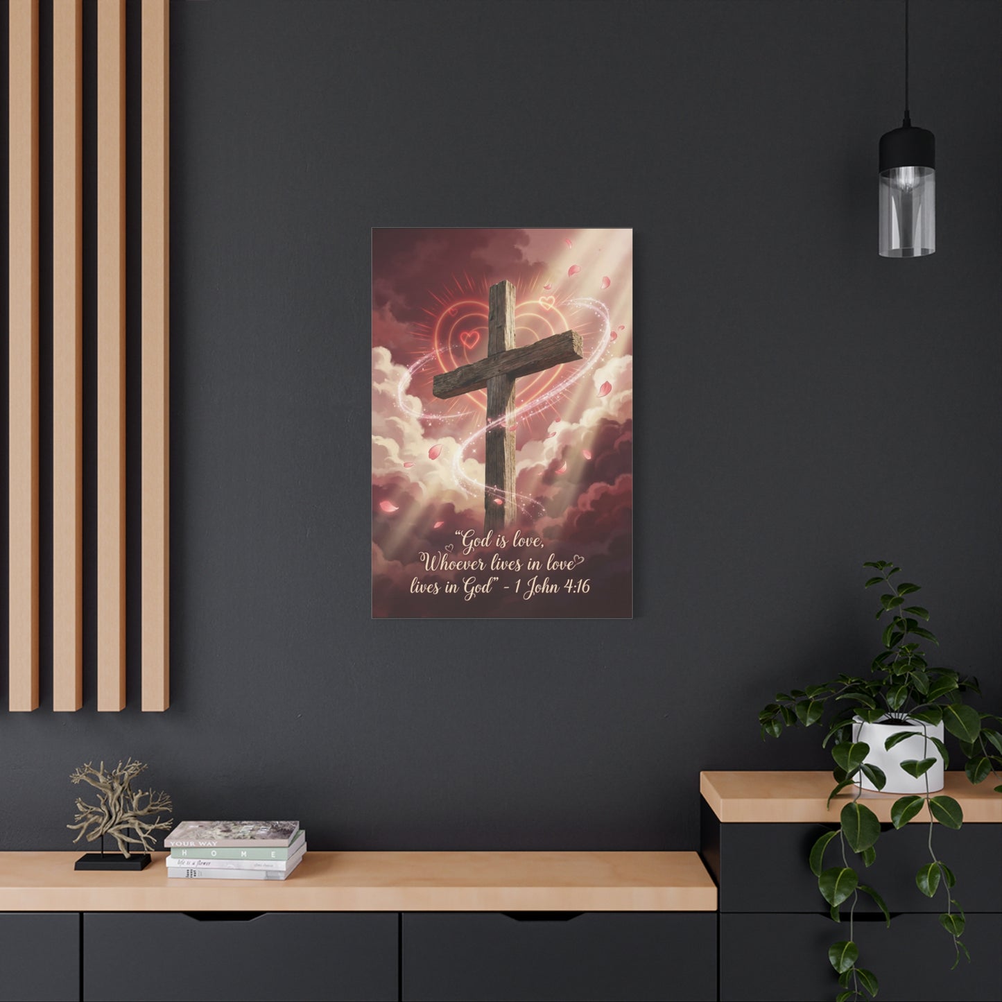 "God Is Love, Whoever Lives In Love Lives In God" Cross Canvas Wall Art - 1 John 4:16 Scripture Print, Romantic Christian Decor, Traditional Bedroom Wall Decor - Bedroom Home Decoration