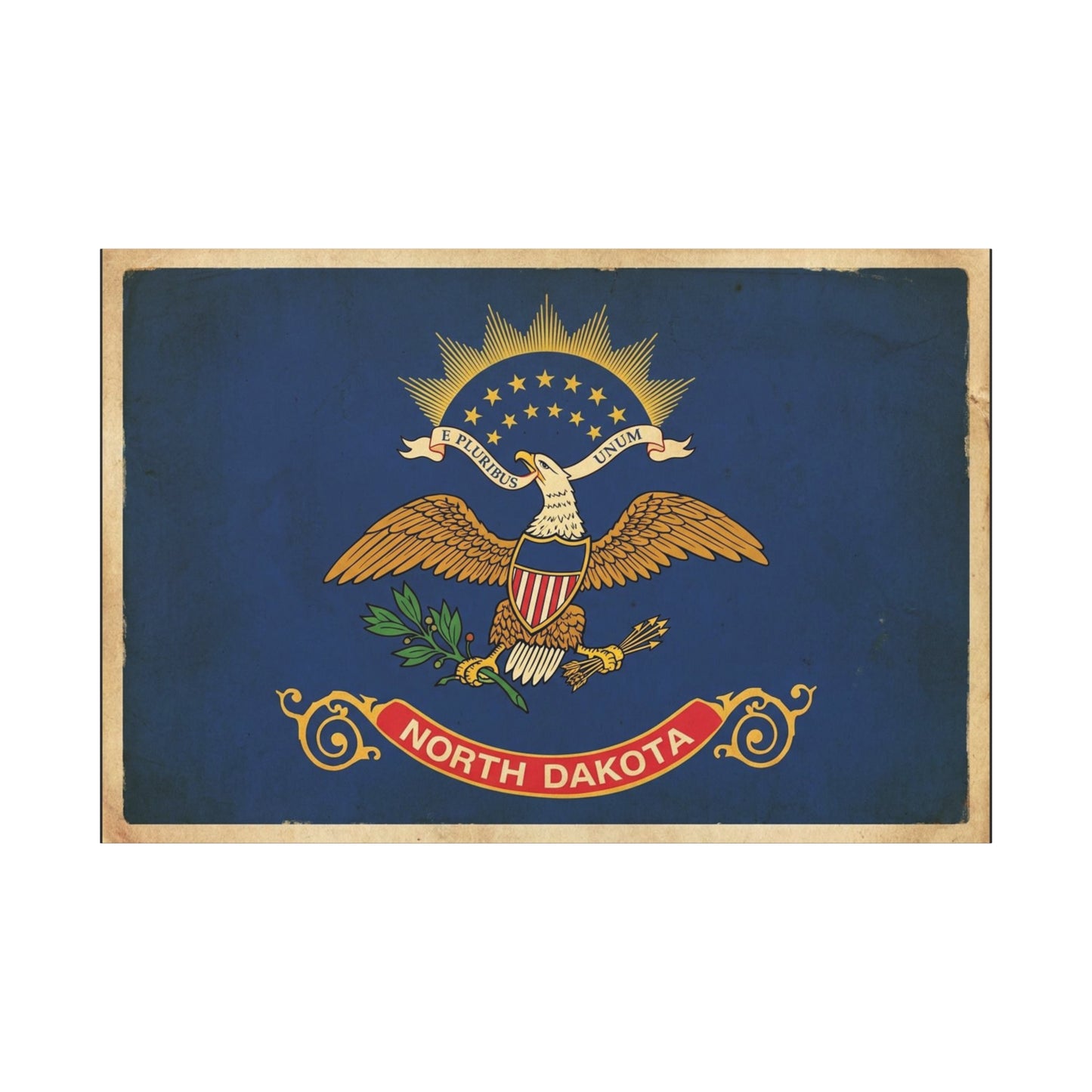 North Dakota Flag Canvas Wall Art - E Pluribus Unum Vintage State Banner Print - Patriotic Blue Eagle Emblem Decor - Rustic Americana Style - Ready to Hang - Living Room Wall Decor - Ready to Hang