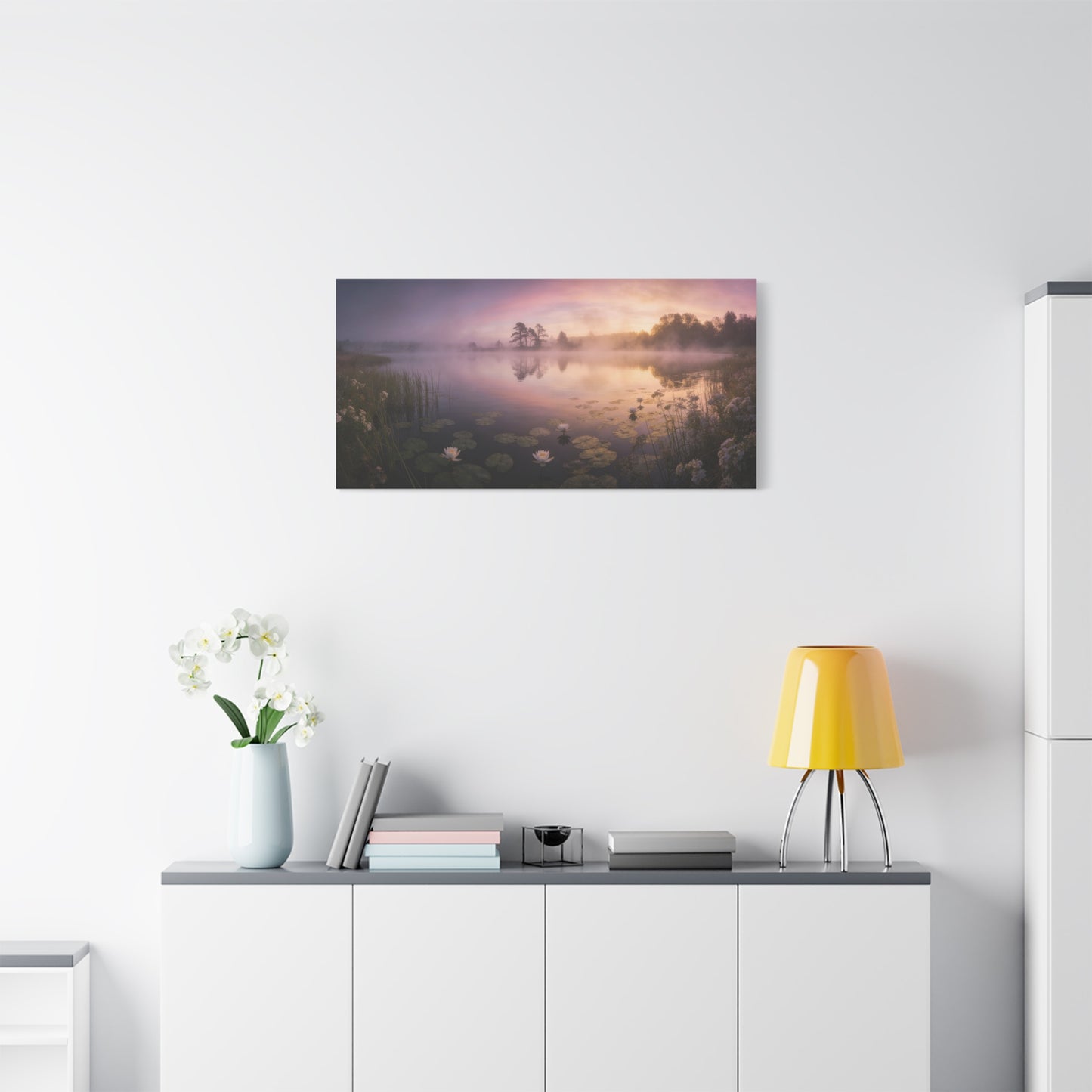 Misty Lake Sunrise Canvas Wall Art - Water Lily Pond Landscape Art Print, Soft Pink And Gold Sky - Serene Nature Decor - Matte Finish Canvas Print - Living Room Wall Decor Bedroom Home Decoration