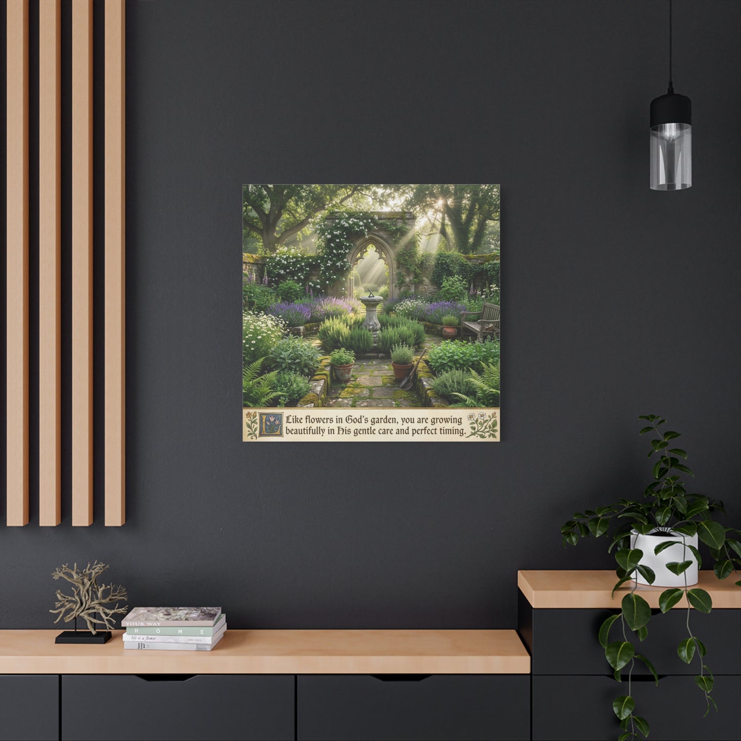 "Like Flowers In God's Garden, You Are Growing Beautifully In His Gentle Care And Divine Timing" Canvas Wall Art - Sunlit Garden Arch, Botanical Landscape Print - Living Room Decor - Office Wall Art