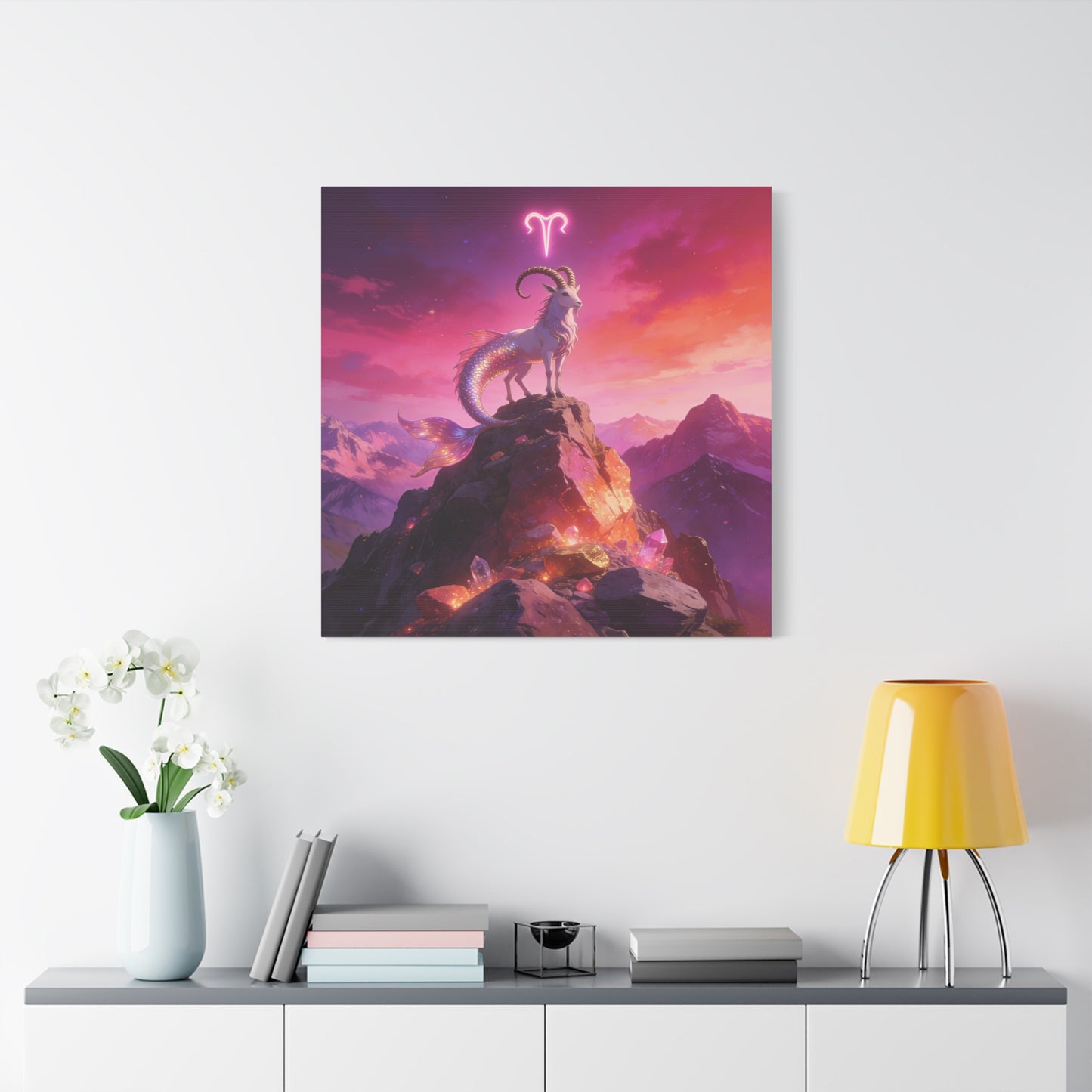 Aries Zodiac Mermaid Goat Canvas Wall Art - Fantasy Mountain Crystal Scene - Pink Purple Celestial Illustration - Modern Mystical Decor, Bedroom Home Decoration, Office Wall Art - Ready to Hang