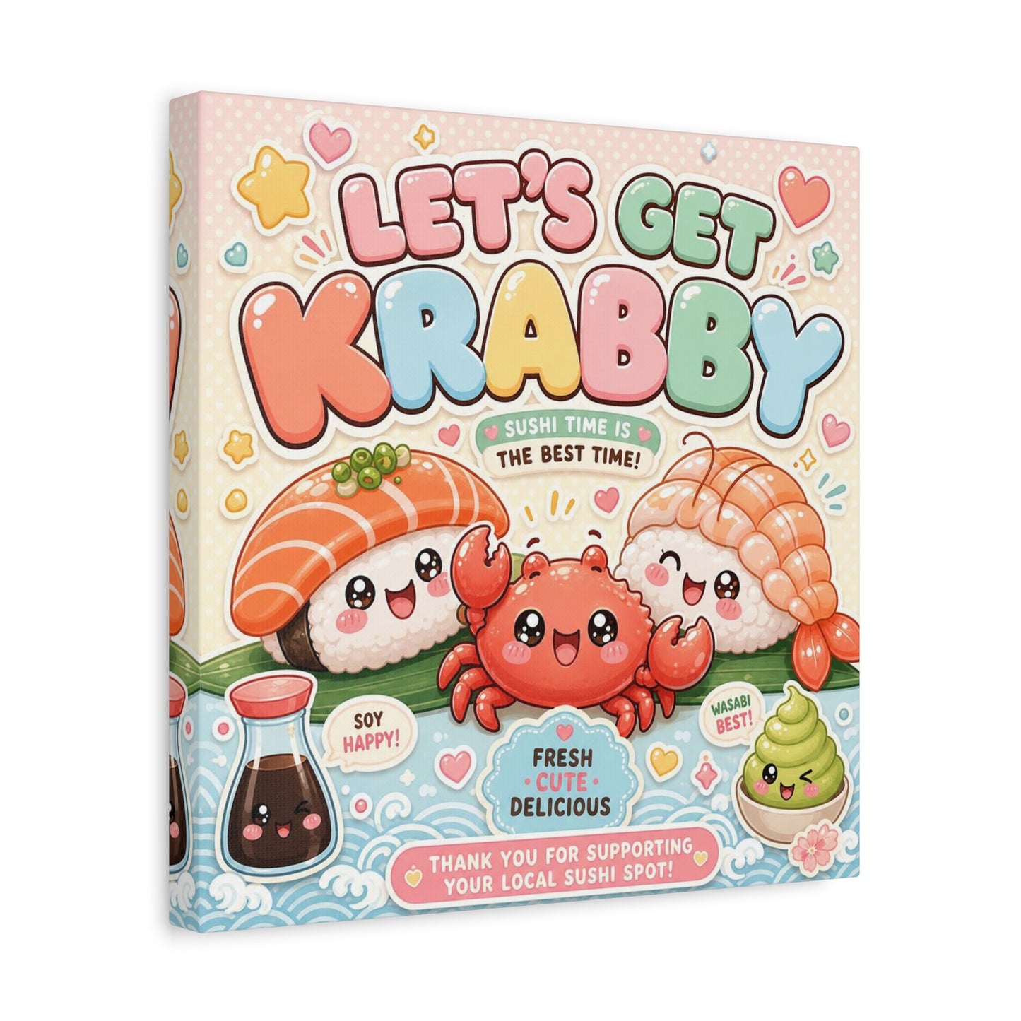 "Let's Get Krabby" Sushi Quote Canvas Wall Art - Kawaii Salmon Nigiri Shrimp Crab Illustration - Pastel Typography - Cafe Wall Decor, Restaurant Wall Hanging, Cute Food Sign - Reception Area Decor