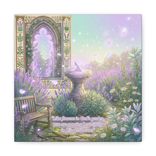 "Like Flowers In God's Garden, You Are Growing Beautifully In His Gentle Care" Canvas Wall Art - Lavender Garden Arch, Sundial Bench - Pastel Botanical Decor For Bedroom Living Room - Office Wall Art