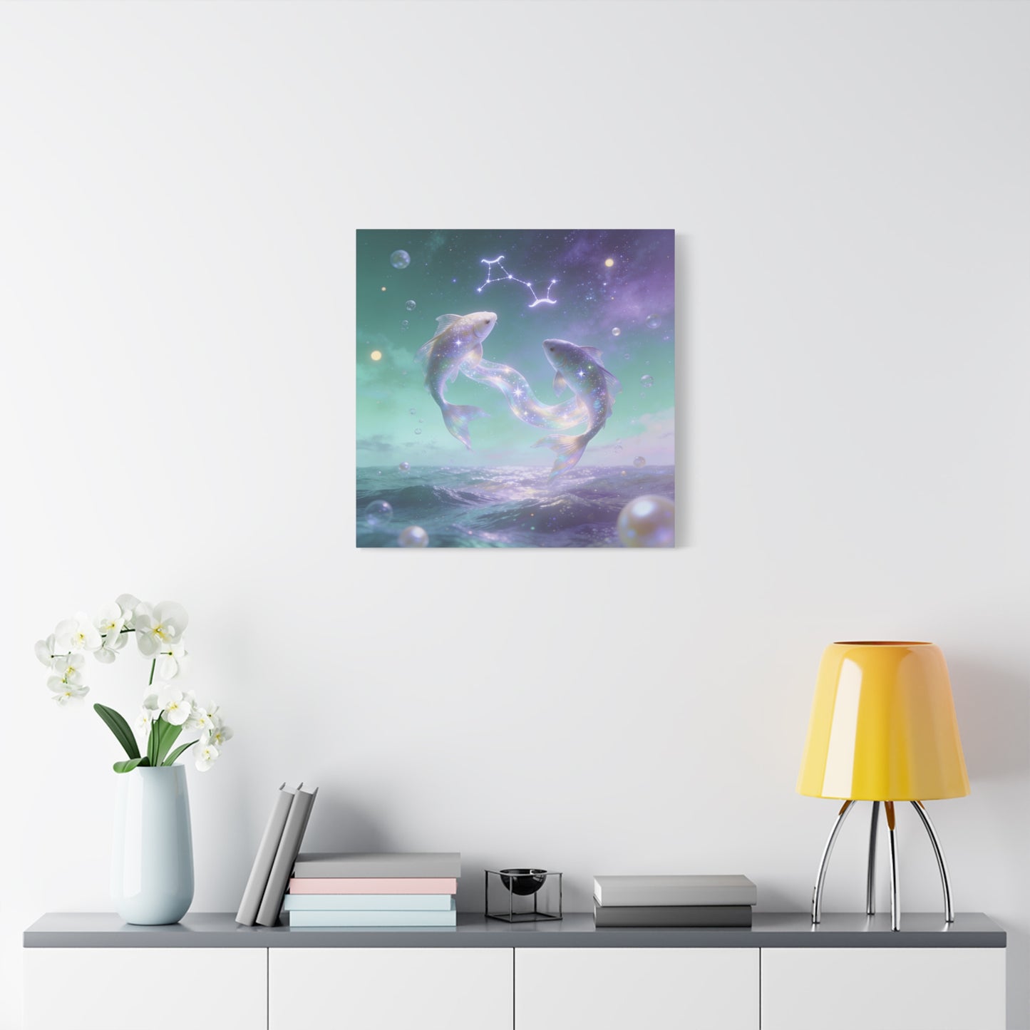 Pisces Fish Canvas Wall Art - Celestial Ocean Zodiac Illustration, Dreamy Aurora Nightscape, Matte Cotton Print, Mystical Bedroom Accent, Meditation Space Piece, Office Interior Style - Ready to Hang