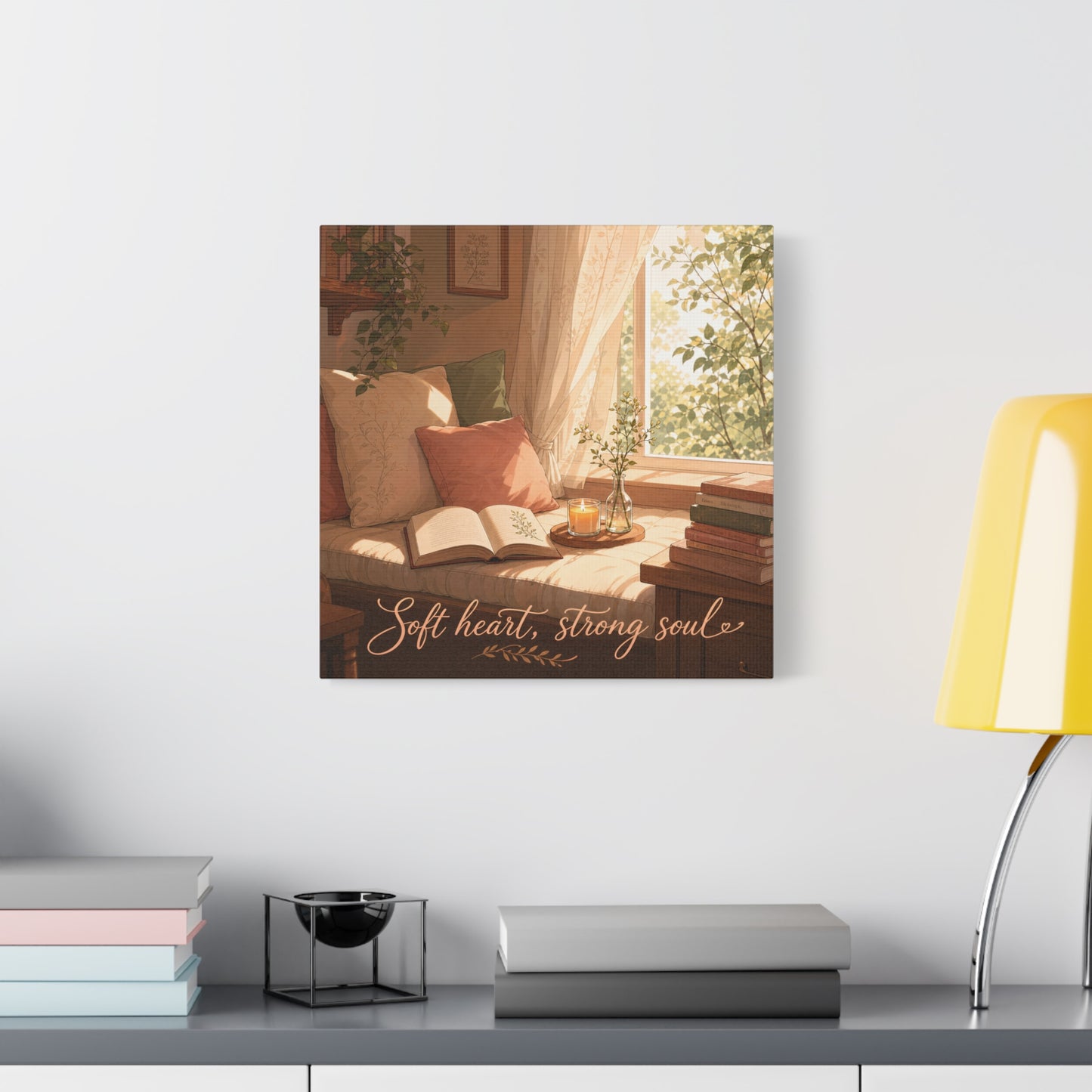 "Soft Heart, Strong Soul" Reading Nook Canvas Wall Art - Sunlit Window Seat, Books, Candle, Botanical Bedroom Decor - Cozy Cottagecore Style - Living Room Wall Decor - Bedroom Home Decoration