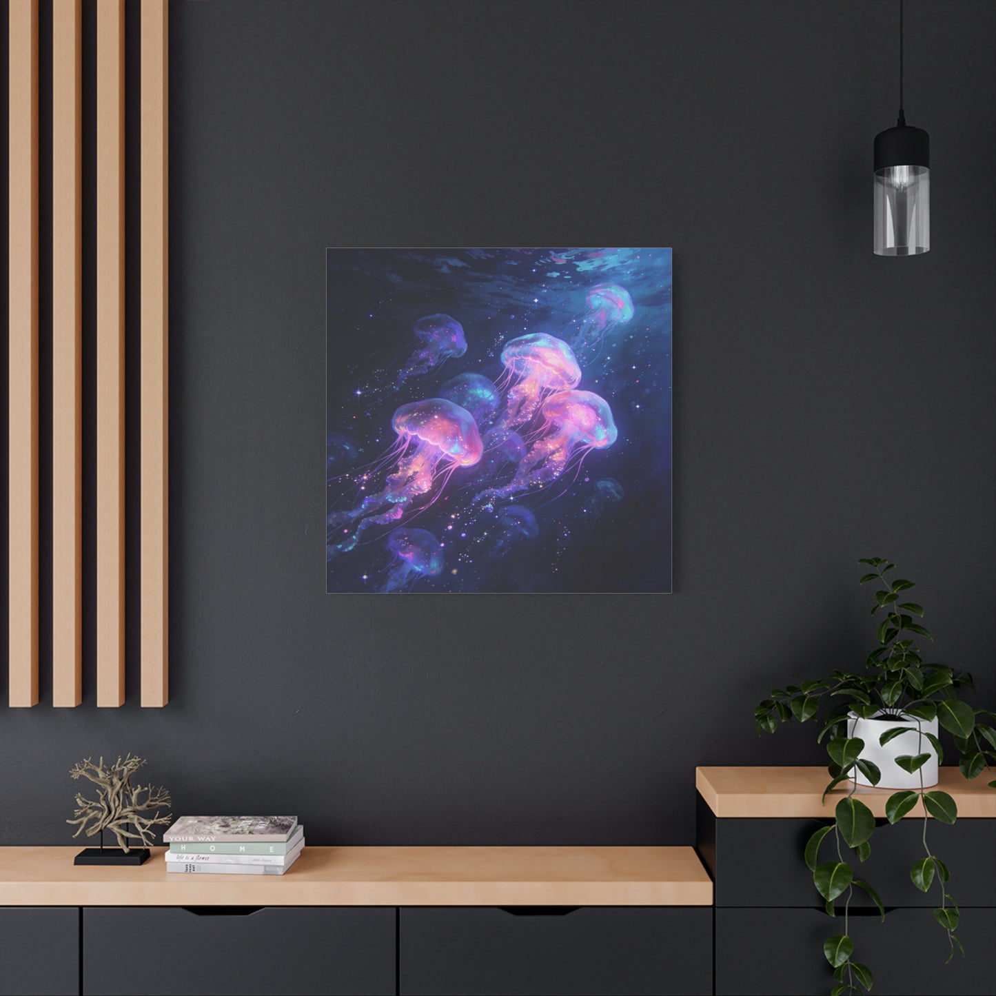 Glowing Jellyfish Canvas Wall Art - Ocean Fantasy Sea Life Decor, Luminous Pink Blue Artwork - Matte Canvas Print, Contemporary Style - Bedroom Wall Decor, Meditation Space Accent - Ready to Hang