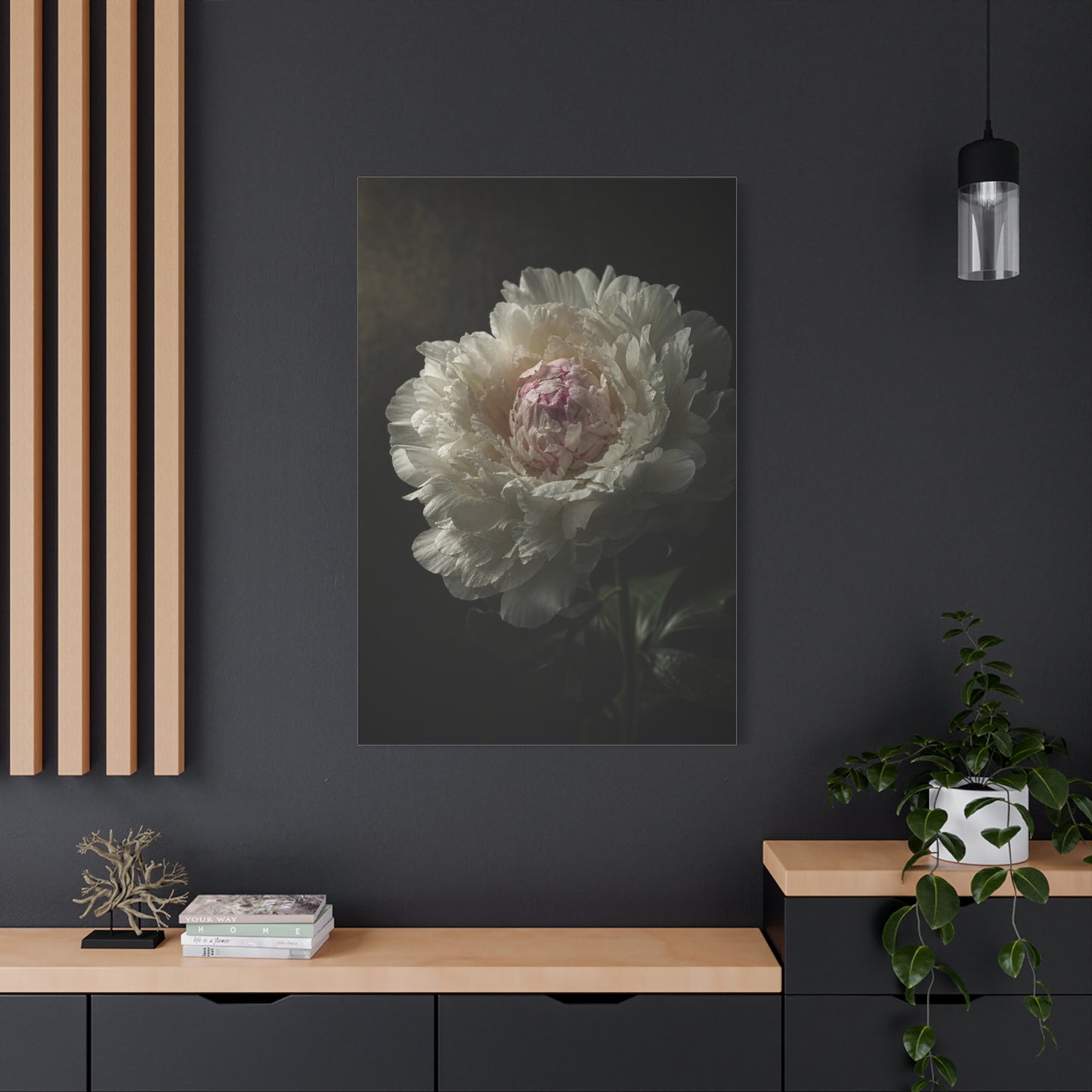 White Peony Canvas Wall Art - Moody Floral Art Print, Dark Botanical Canvas, Matte Finish - Vintage Style, Bedroom Wall Decor, Living Room Home Decoration Accent - Bedroom Home Decoration