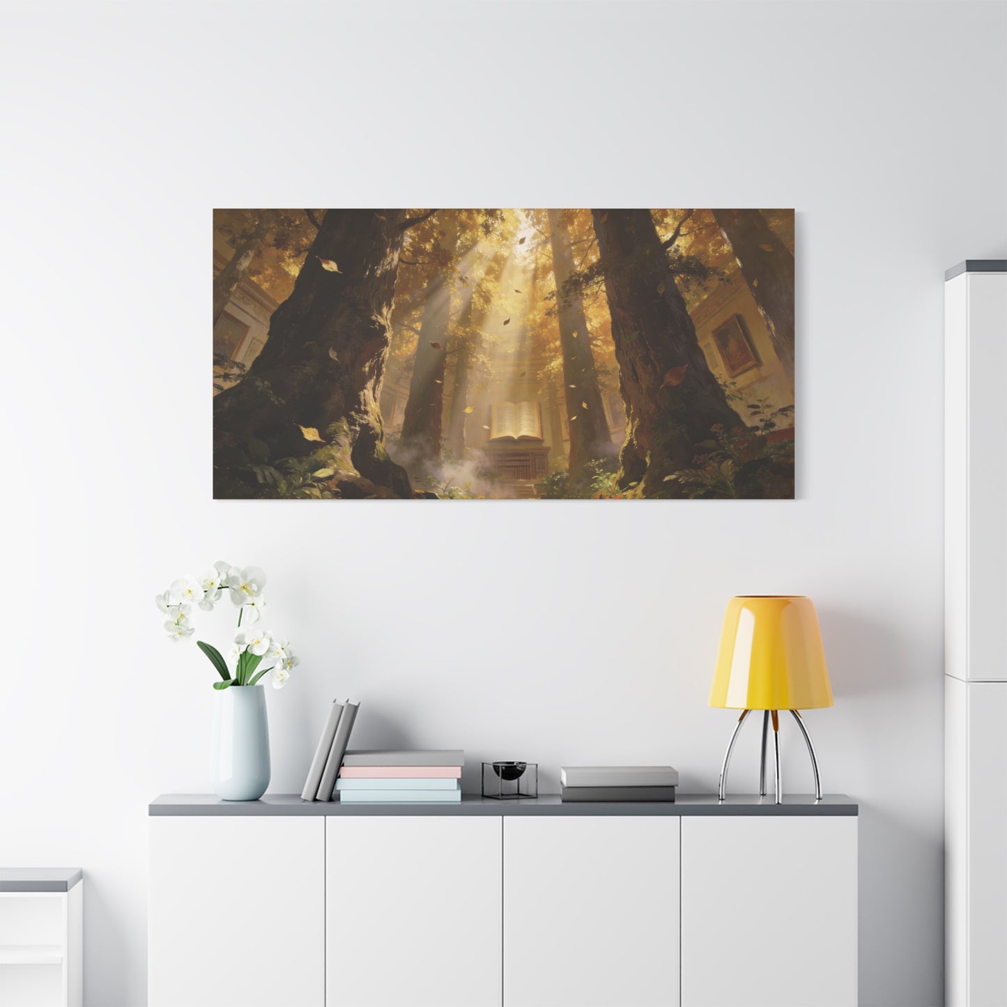 Enchanted Forest Library Canvas Wall Art - Sunbeams, Open Book, Autumn Trees - Matte Cotton Art Print - Fantasy Landscape Style - Living Room Wall Decor, Office Accent - Bedroom Home Decoration