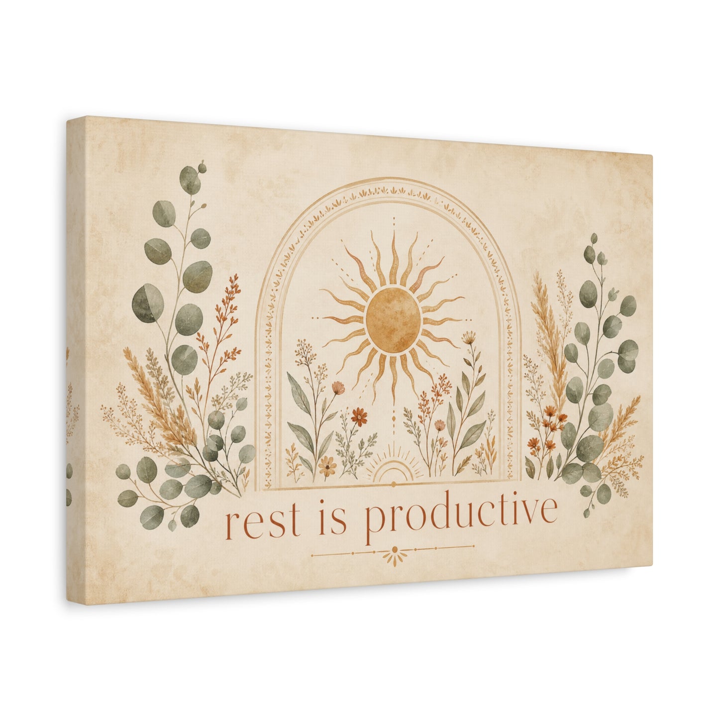 "Rest Is Productive" Inspirational Canvas Wall Art - Boho Sun And Botanical Arch Print - Neutral Typography Decor - Bedroom Living Room Decoration - Office Wall Art - Bedroom Home Decoration