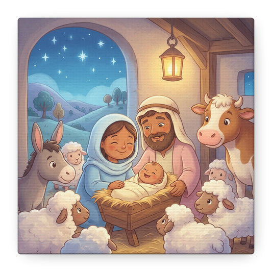 Holy Family Nativity Canvas Wall Art - Baby Jesus, Mary And Joseph Nursery Decor - Starry Stable Christian Home Decoration - Matte Canvas Print For Bedroom, Living Room - Ready to Hang - Ready to Hang