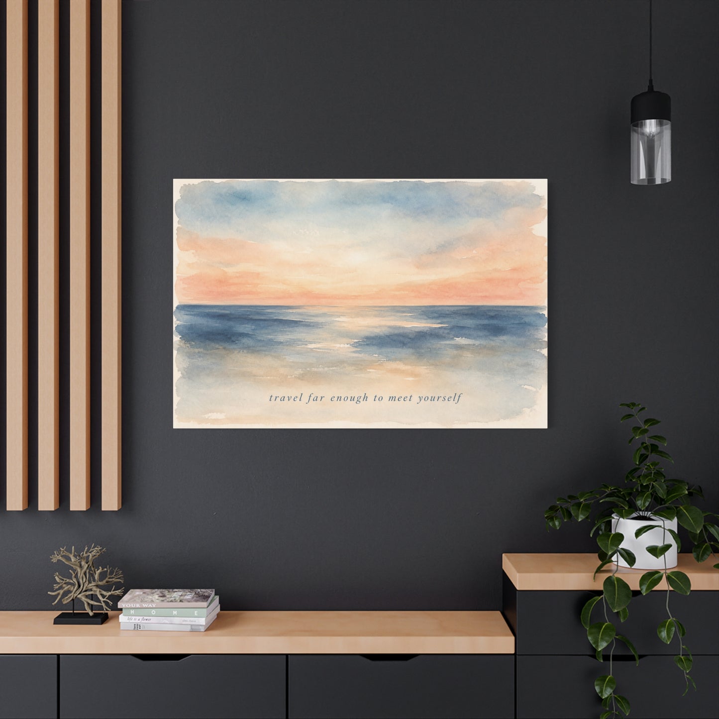 "Travel Far Enough To Meet Yourself" Coastal Canvas Wall Art - Watercolor Ocean Sunset Quote Print - Serene Beach Seascape Decor - Bedroom Living Room Wall Decor - Bedroom Home Decoration