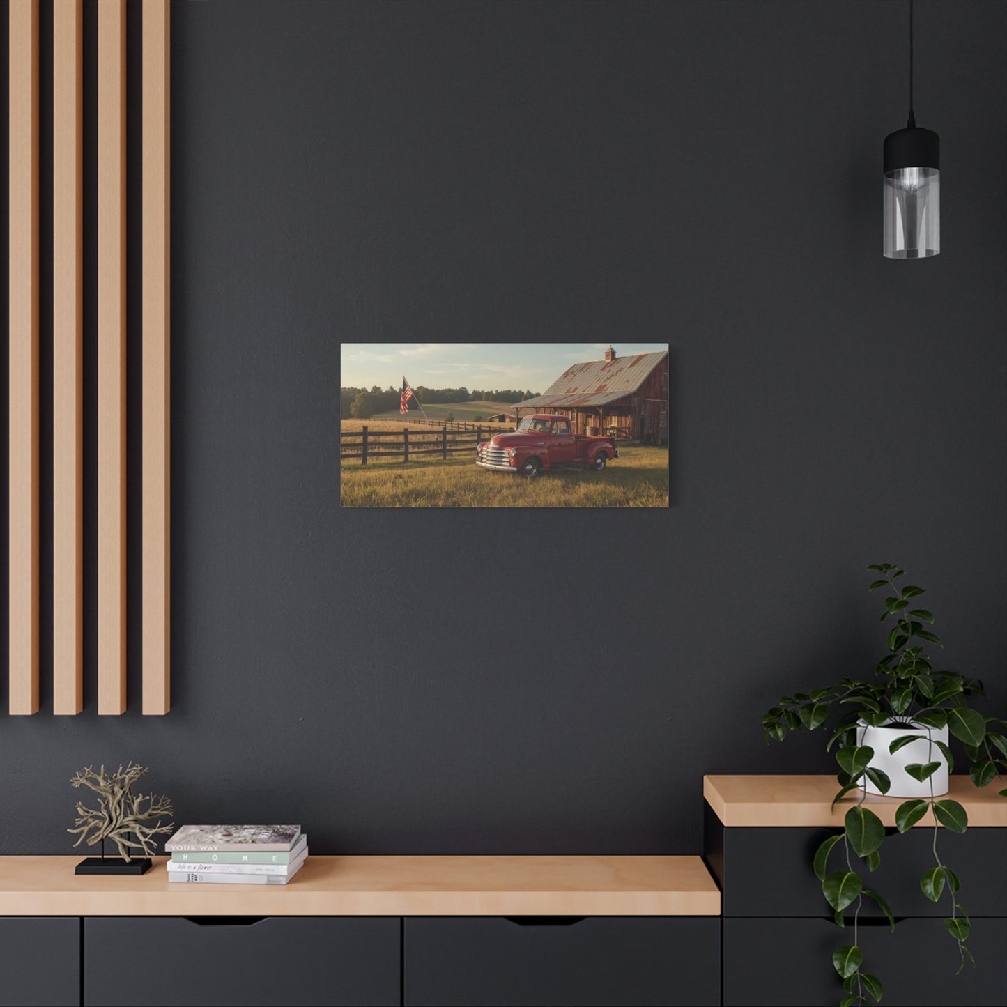 Red Vintage Pickup Truck Canvas Wall Art - Rustic Barn, American Flag Farm Landscape - Country Art Print, Traditional Style - Living Room Wall Decor, Office Art Accent - Modern Farmhouse Style