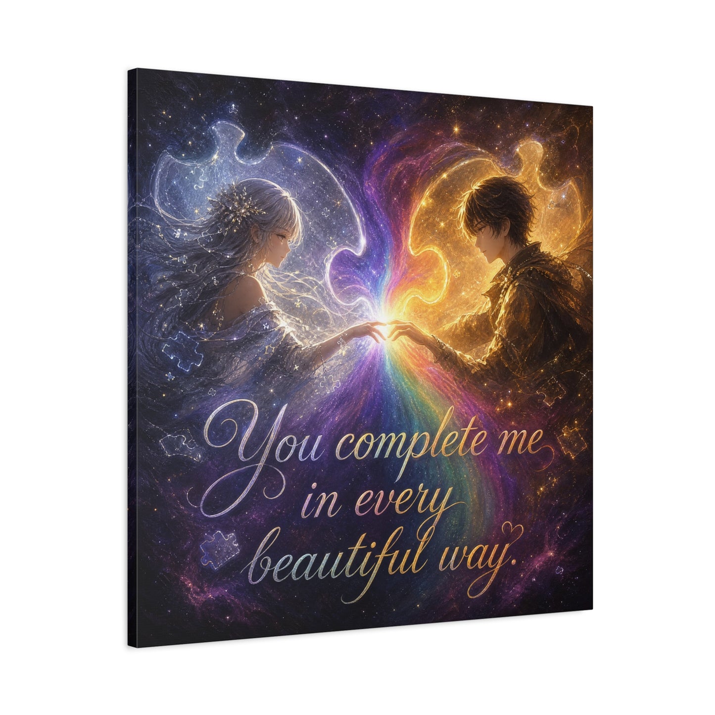 "You Complete Me In Every Beautiful Way" Romantic Couple Canvas Wall Art - Celestial Puzzle Soulmate Quote Print, Fantasy Love Decor - Bedroom Wall Hanging - Ready to Hang - Bedroom Home Decoration