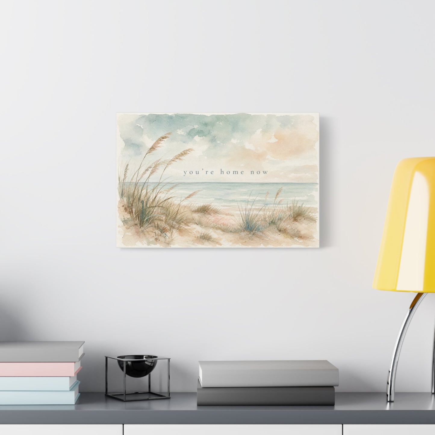 "You'Re Home Now" Coastal Canvas Wall Art - Beach Dune Watercolor Seascape - Soft Blue Beige Shore Scene - Traditional Coastal Style - Living Room Wall Decor, Bedroom Home Decoration - Ready to Hang
