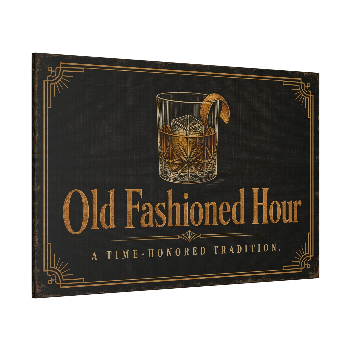 "Old Fashioned Hour" Canvas Wall Art - Vintage Whiskey Glass Quote Print, Art Deco Bar Cart Decor - Matte Cotton Wall Hanging - Speakeasy Lounge Style, Home Bar - Ready to Hang - Cocktail Lounge Decor