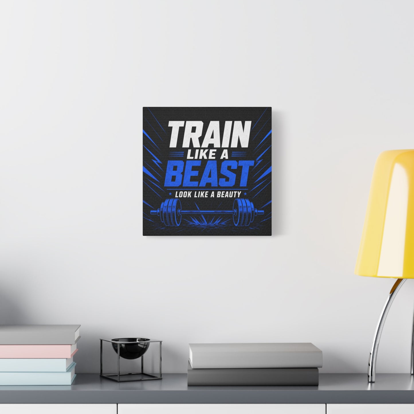 "Train Like A Beast Look Like A Beauty" Gym Canvas Wall Art - Blue Black Barbell Typography Motivational Fitness Decor - Modern Sports Quote Print - Ready to Hang - Living Room Wall Decor