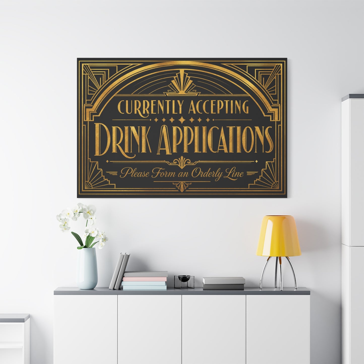"Currently Accepting Drink Applications" Canvas Wall Art - Art Deco Typography Bar Sign, Black And Gold Humor Decor, Vintage Cocktail Lounge Style, Home Bar Accent - Ready to Hang - Tavern Wall Decor
