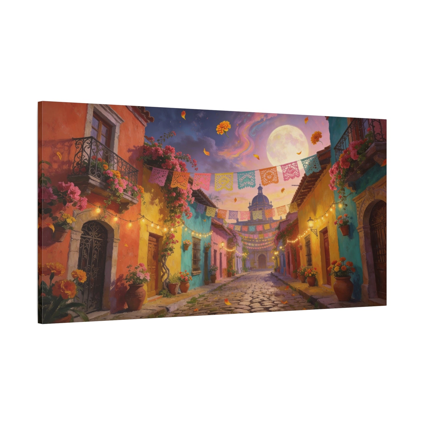 Moonlit Colorful Colonial Street Canvas Wall Art - Papel Picado, Marigolds, Full Moon - Dreamy Matte Canvas Print - Living Room Wall Decor, Bedroom Home Decoration - Bedroom Home Decoration
