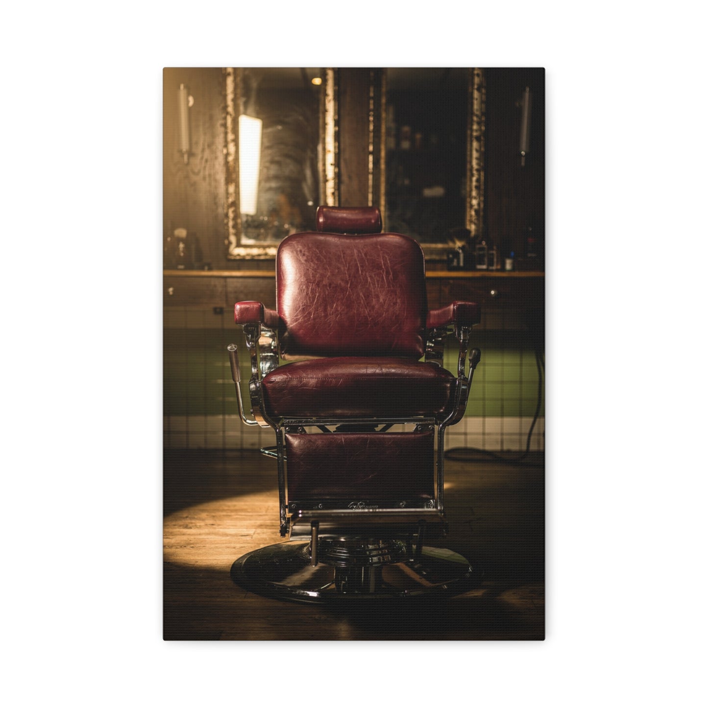 Vintage Barber Chair Canvas Print - Moody Barbershop Interior Art Print, Burgundy Leather Seat, Warm Cinematic Lighting - Rustic Contemporary Decor - Salon Wall Accent, Home Office Display