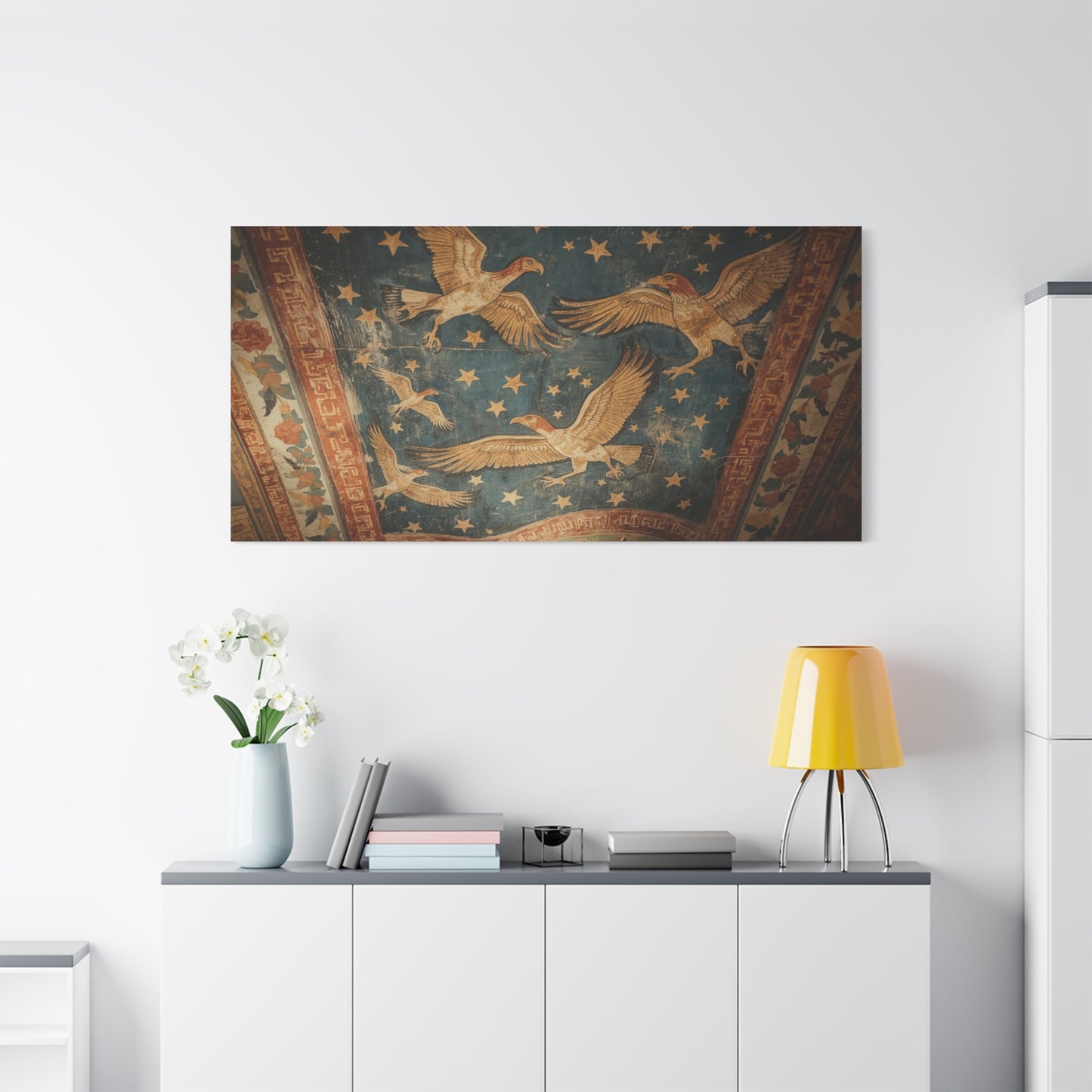 Ancient Eagle Ceiling Fresco Canvas Wall Art - Starry Bird Mural Print, Classical Blue And Gold Illustration - Vintage Traditional Style - Living Room Wall Decor Office Art - Bedroom Home Decoration