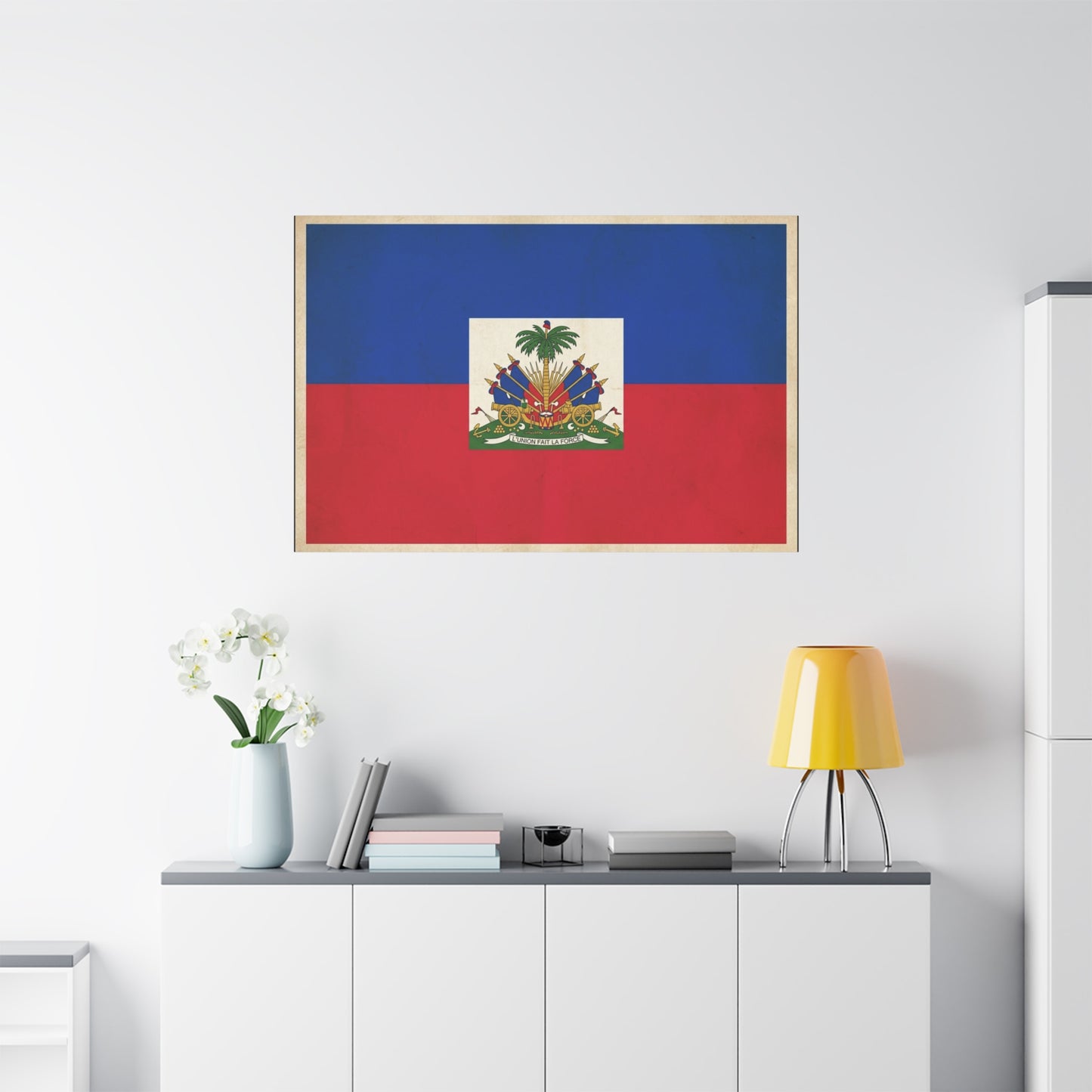 Haiti Flag Canvas Wall Art - Haitian Flag Print With Coat Of Arms, Patriotic Blue Red Banner - Framed Look Matte Canvas - Living Room Wall Decor, Bedroom Home Decoration - Bedroom Home Decoration