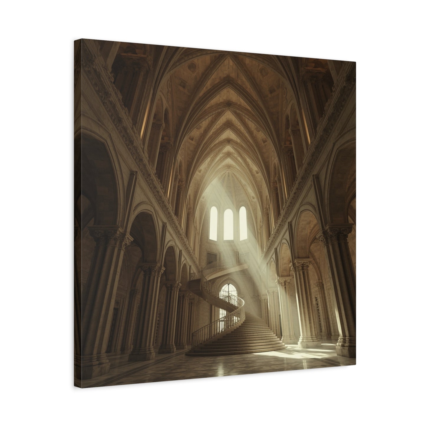 Gothic Cathedral Interior Canvas Wall Art - Sunlit Spiral Staircase, Religious Architecture Print - Matte Cotton Canvas - Traditional Style - Living Room Wall Decor, Office Art - Ready to Hang