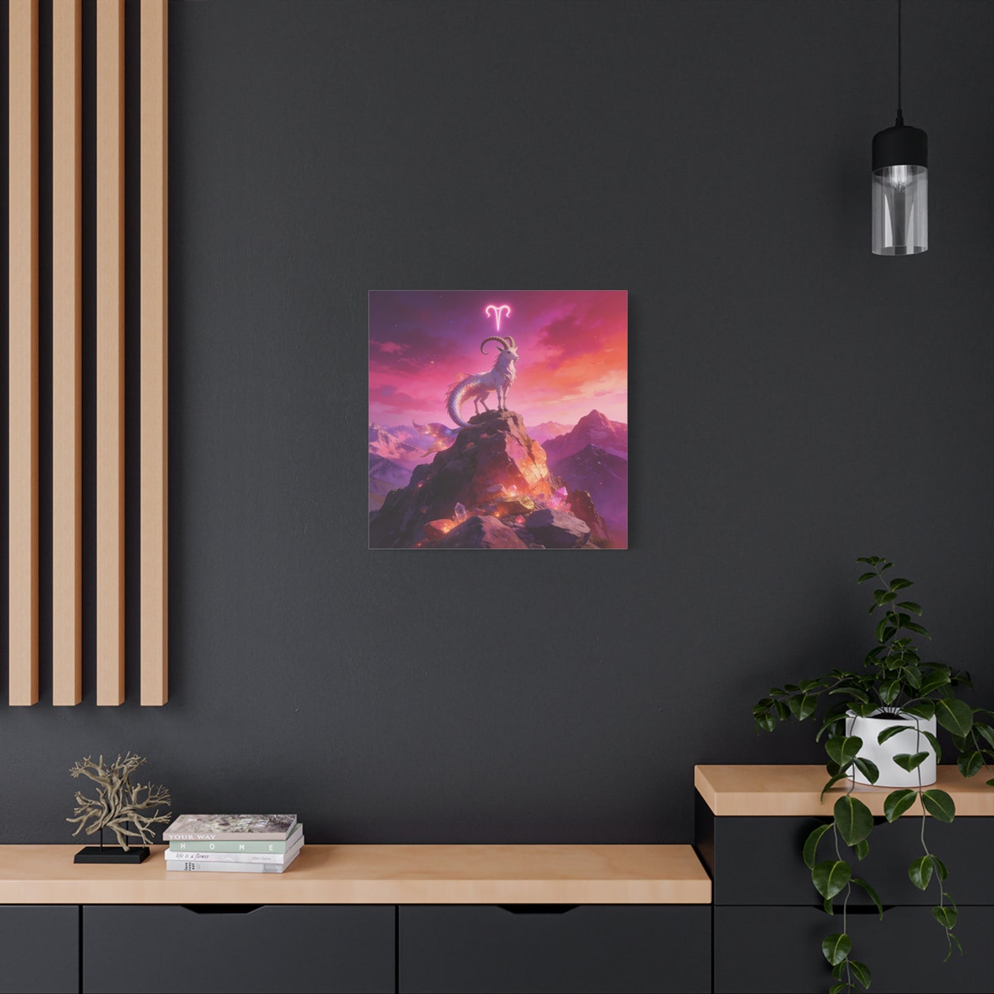 Aries Zodiac Mermaid Goat Canvas Wall Art - Fantasy Mountain Crystal Scene - Pink Purple Celestial Illustration - Modern Mystical Decor, Bedroom Home Decoration, Office Wall Art - Ready to Hang