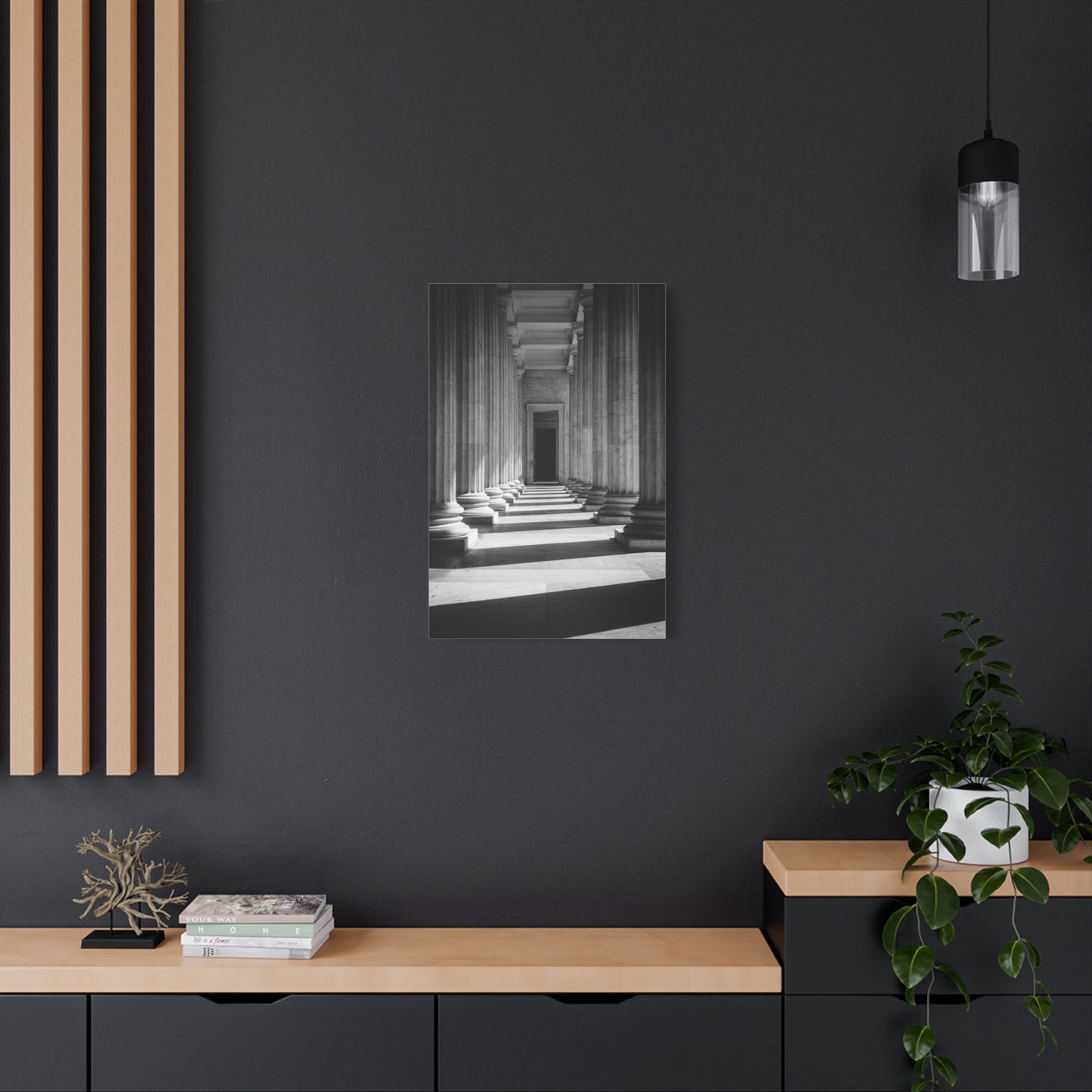 Black And White Classical Column Hallway Canvas Wall Decor - Architectural Art Print, Dramatic Light And Shadow, Minimalist Interior Accent - Living Room Decoration Office Display