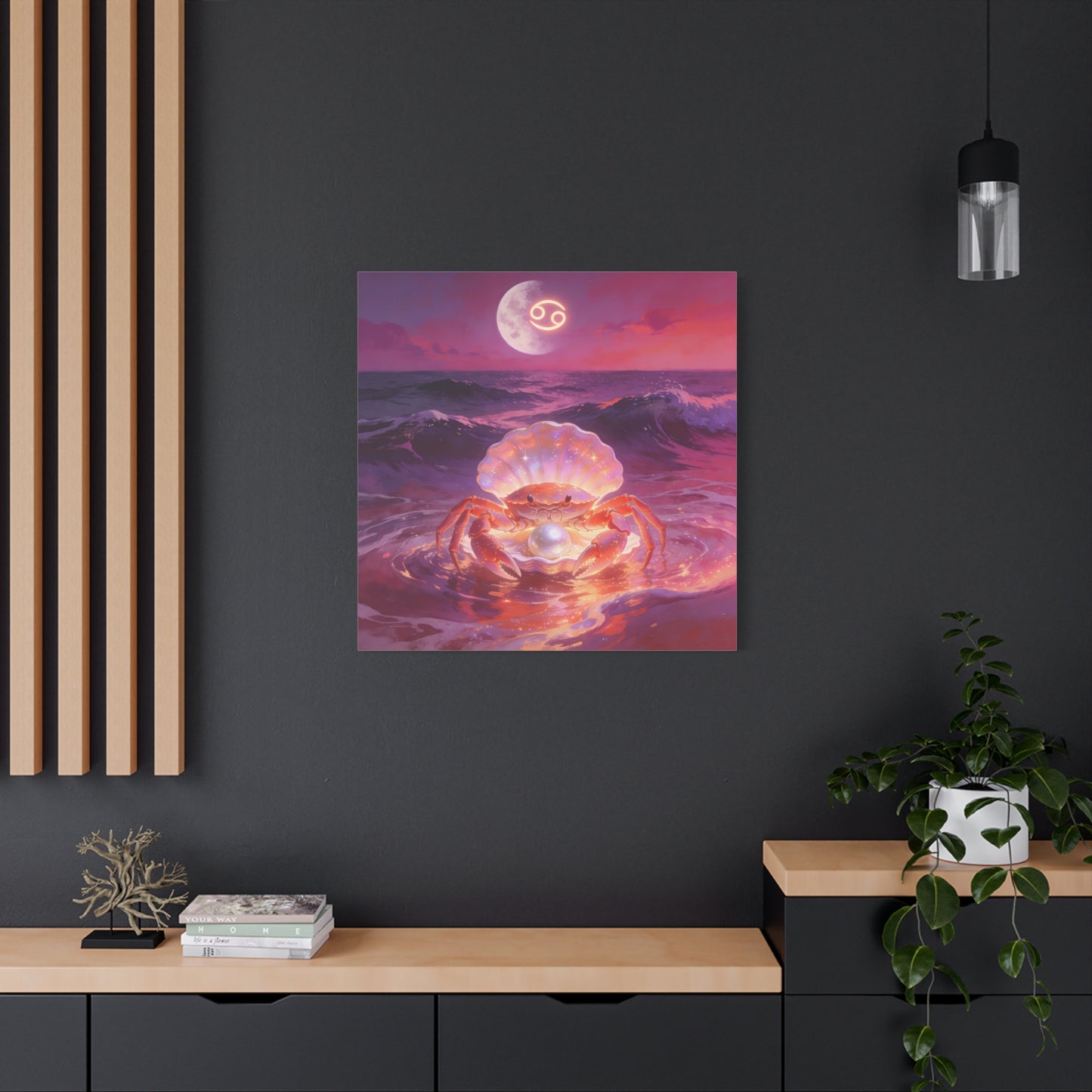 Cancer Zodiac Crab Canvas Wall Art - Moonlit Ocean Pearl Illustration, Pink Purple Seascape - Surreal Coastal Style - Living Room Wall Decor, Bedroom Home Decoration - Bedroom Home Decoration