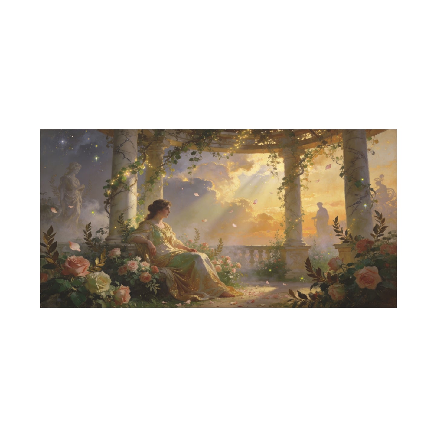 Classical Garden Woman Canvas Wall Art - Rose Pergola Sunset Scene, Romantic Fantasy Painting - Matte Cotton Art Print - Bedroom Wall Decor, Living Room Home Decoration - Bedroom Home Decoration