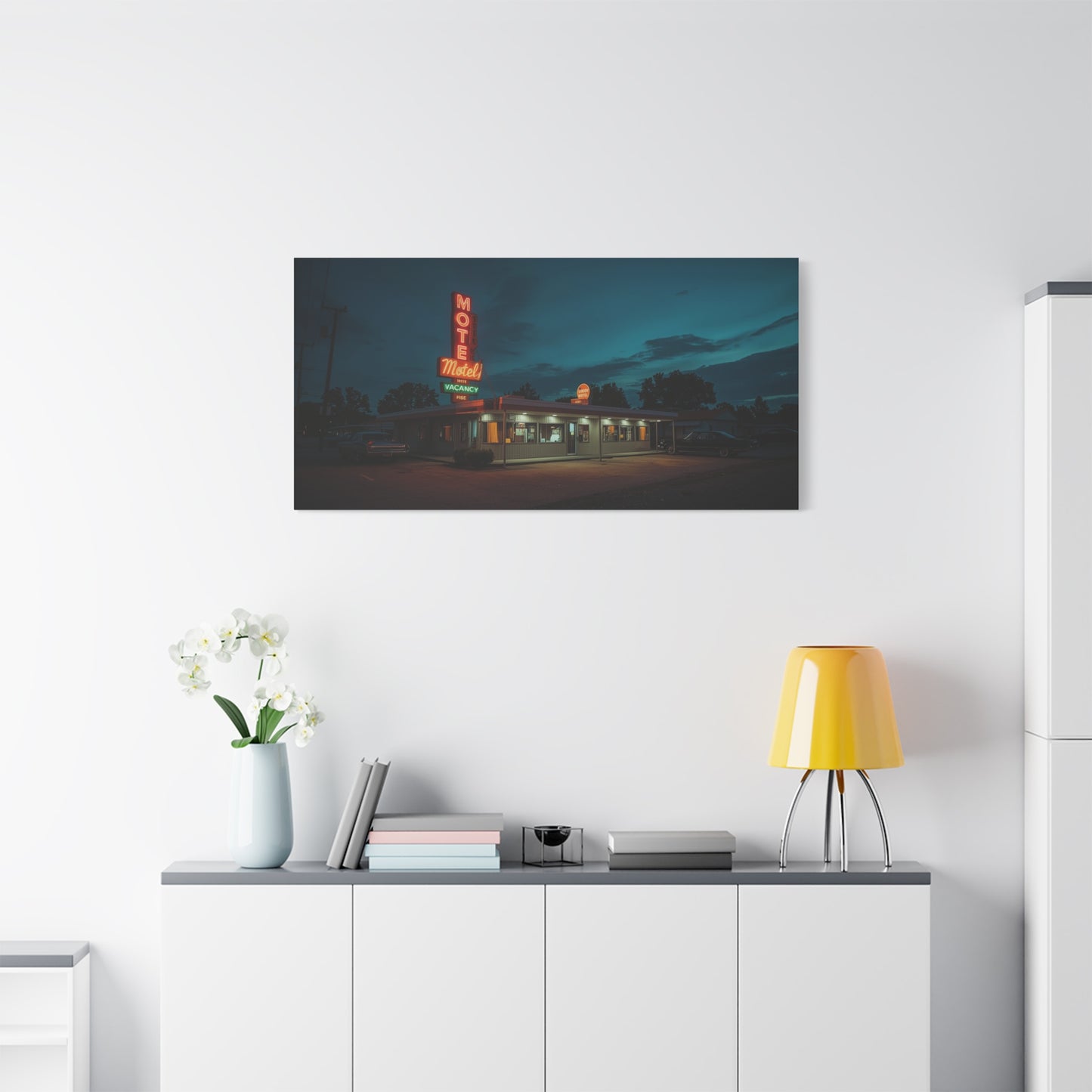 Neon Motel Canvas Wall Art - Vintage Roadside Motel Art Print, Blue Night Sky, Retro Americana Style - Living Room Wall Decor, Home Decoration, Office Art Accent - Bedroom Home Decoration