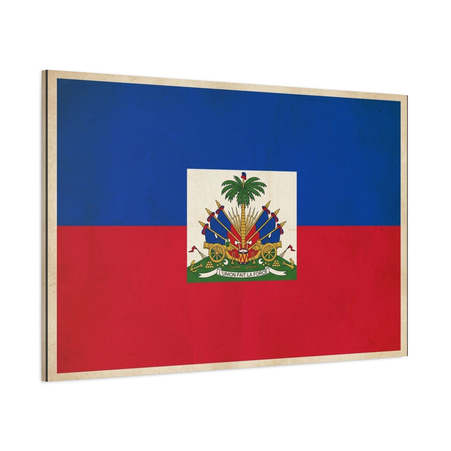 Haiti Flag Canvas Wall Art - Haitian Flag Print With Coat Of Arms, Patriotic Blue Red Banner - Framed Look Matte Canvas - Living Room Wall Decor, Bedroom Home Decoration - Bedroom Home Decoration