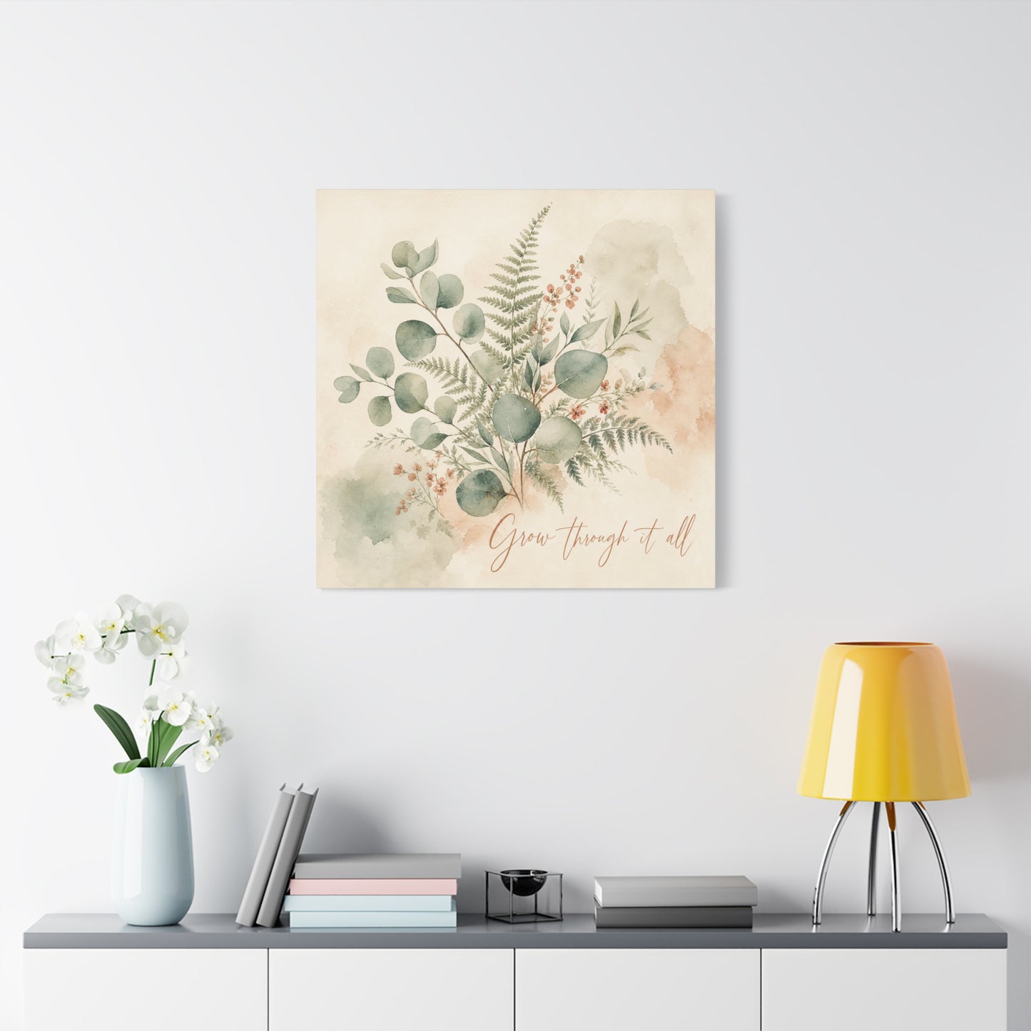"Grow Through It All" Botanical Canvas Wall Art - Eucalyptus Fern Watercolor Quote Print, Sage Green Floral Home Decor - Modern Farmhouse Style, Bedroom Wall Hanging - Ready to Hang - Ready to Hang