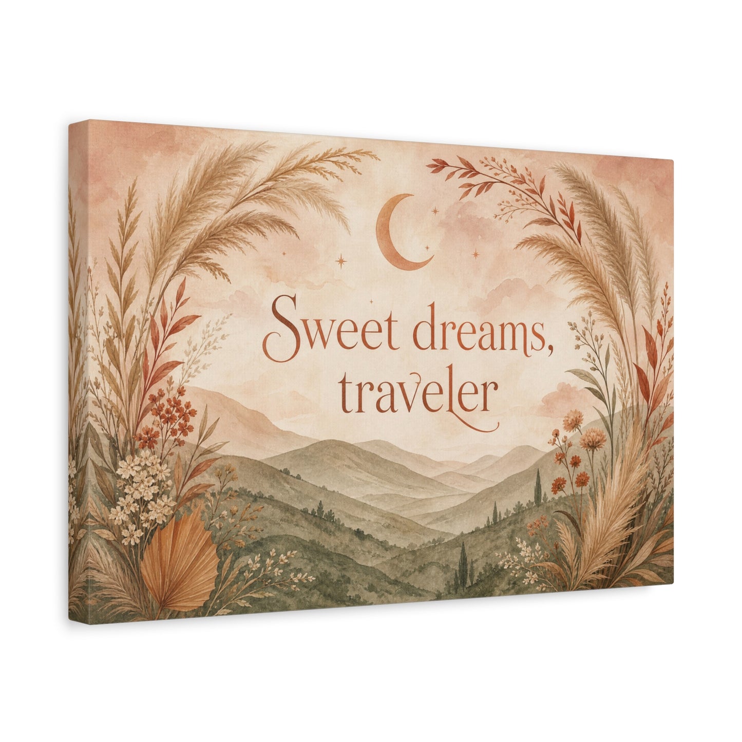 "Sweet Dreams, Traveler" Canvas Wall Art - Boho Moon Mountain Landscape Print - Neutral Botanical Bedroom Decor - Rustic Contemporary Wall Hanging - Ready to Hang - Bedroom Home Decoration
