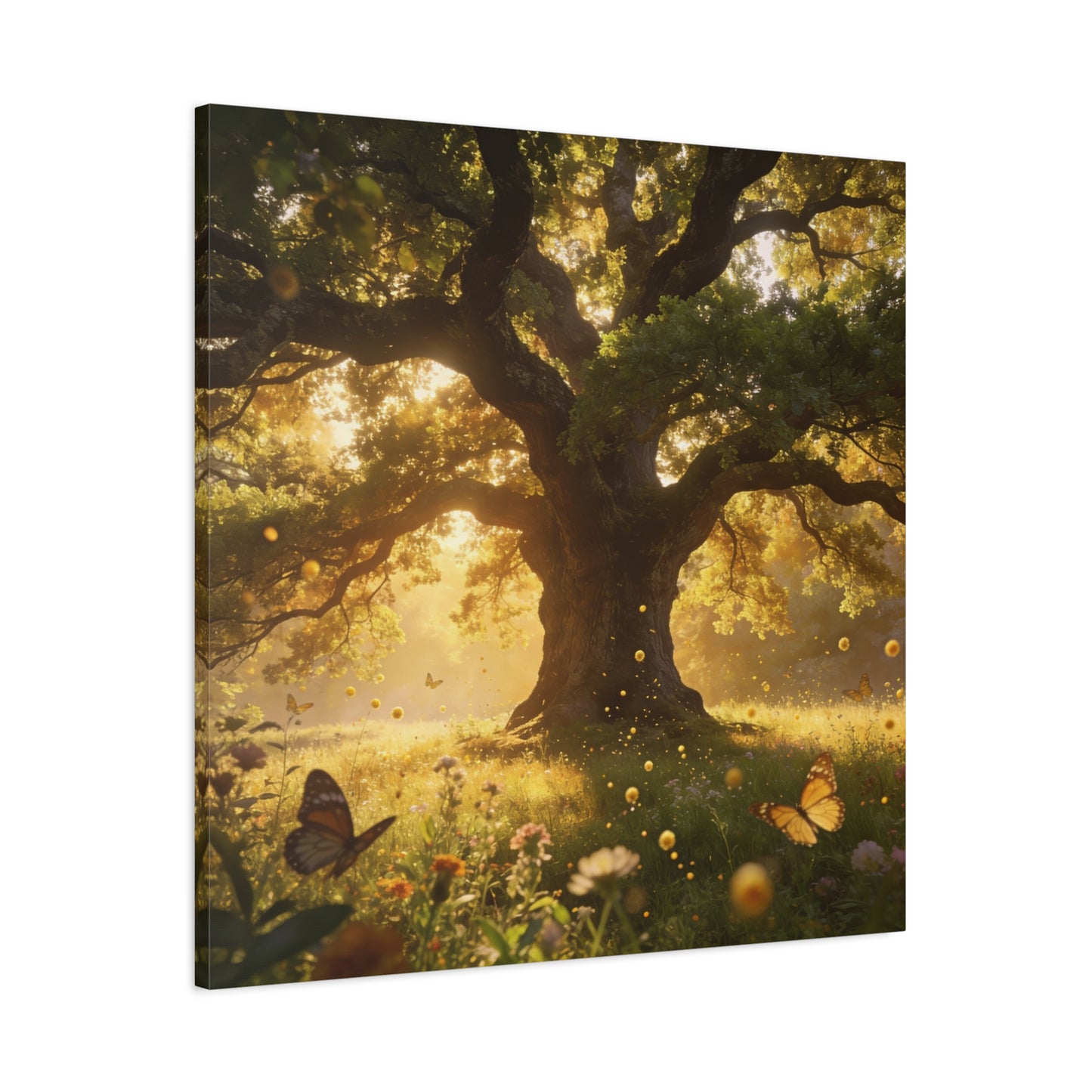Sunlit Oak Tree Canvas Wall Art - Golden Meadow Butterflies, Nature Landscape Print - Matte Cotton Art Print, Traditional Style - Living Room Wall Decor, Bedroom Home Decoration - Ready to Hang