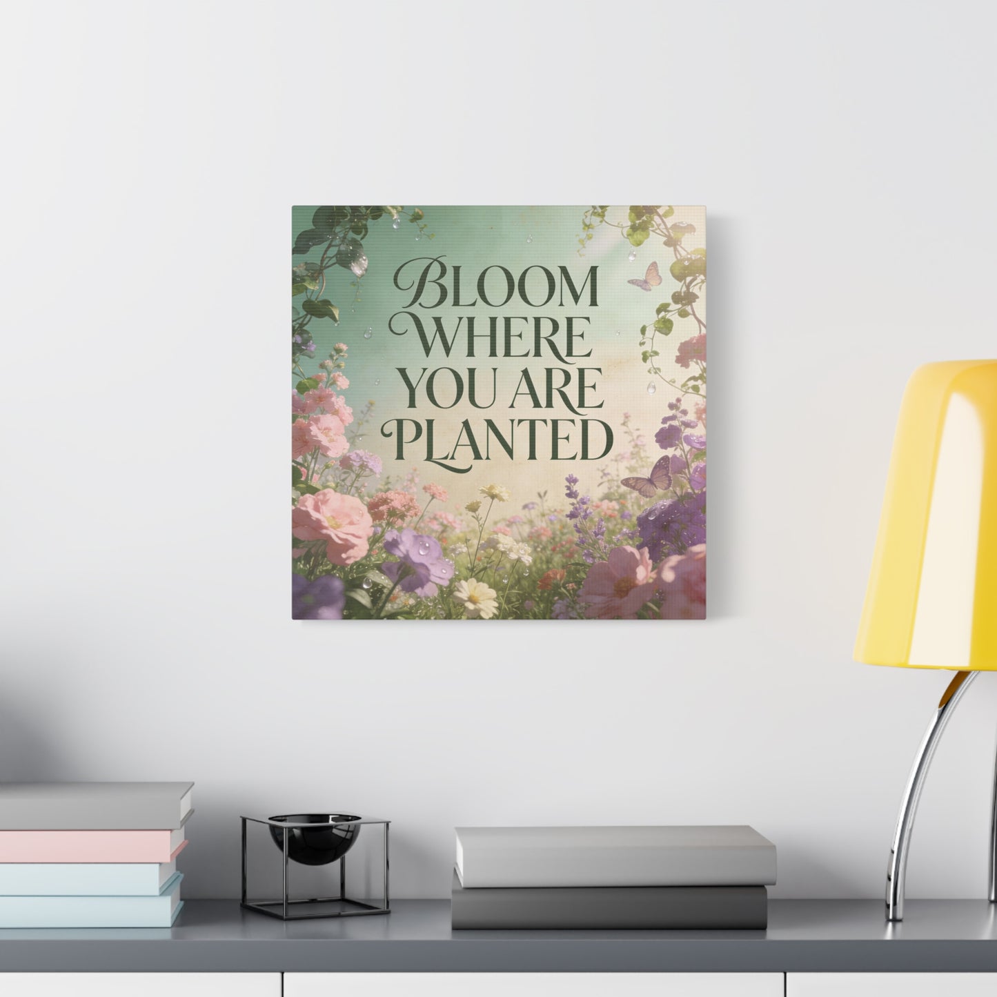"Bloom Where You Are Planted" Inspirational Canvas Wall Art - Floral Butterfly Quote Print, Pastel Garden Typography Decor, Modern Farmhouse Style, Bedroom Home Decoration - Living Room Wall Decor